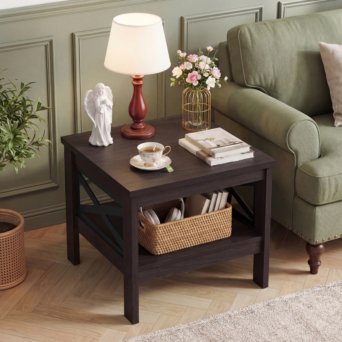 JV14183BN 2-Tier Square Side Table with Storage Shelf & X-Frame for Bedroom Living Room - Brown