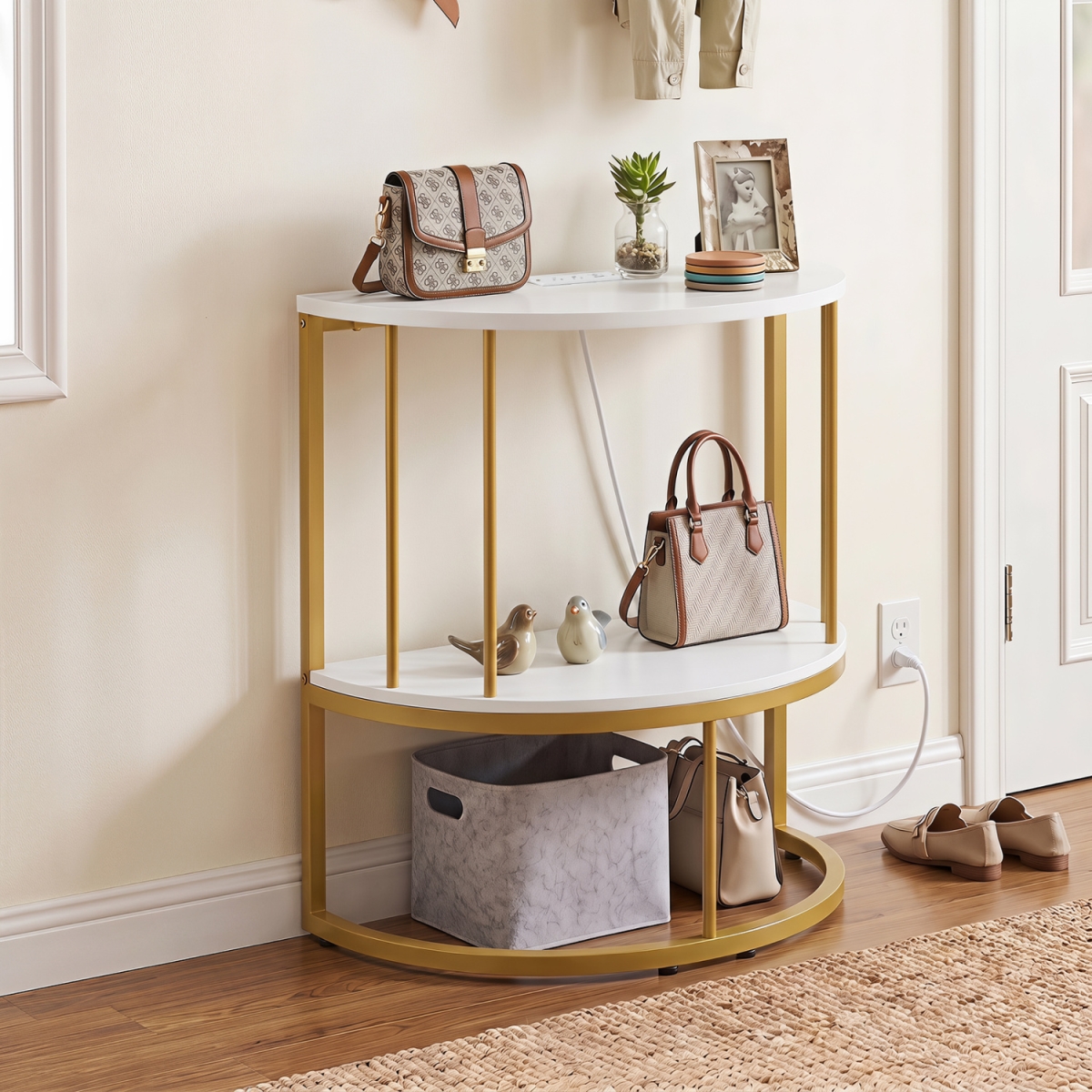 JV14221US-WH 2-Tier Half Moon Console Table with Power Outlets & Storage Shelf for Hallway - White