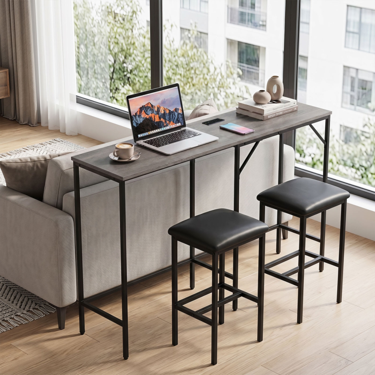 JV14246US-OA Convertible L-Shaped Kitchen Table Chair Set with 2 AC Outlets USB Port & Type-C Port - Gray - 3 Piece