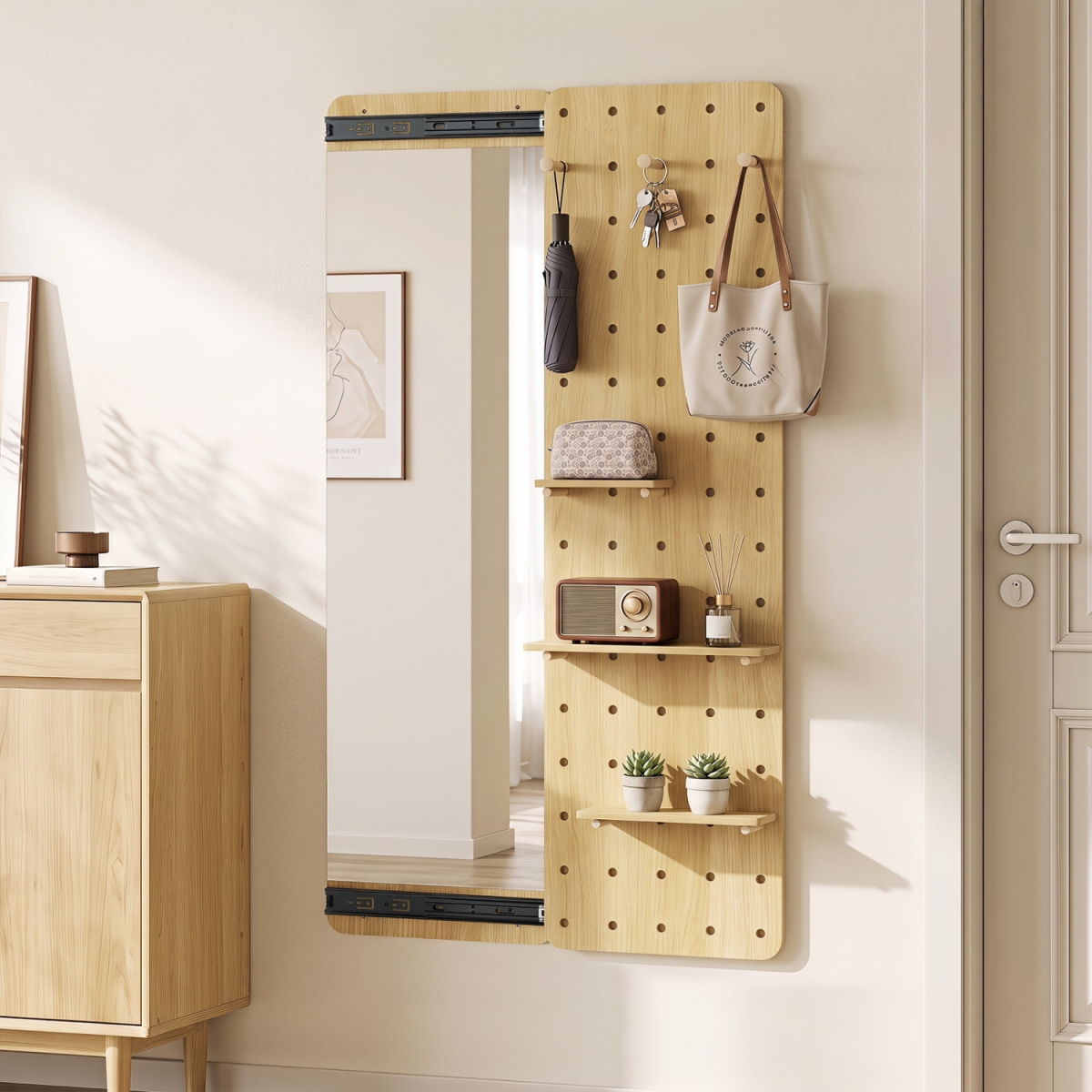 JV14346YM Solid Wood Full Length Mirror with Pegboard & Shelves & Hooks for Entryway - Natural