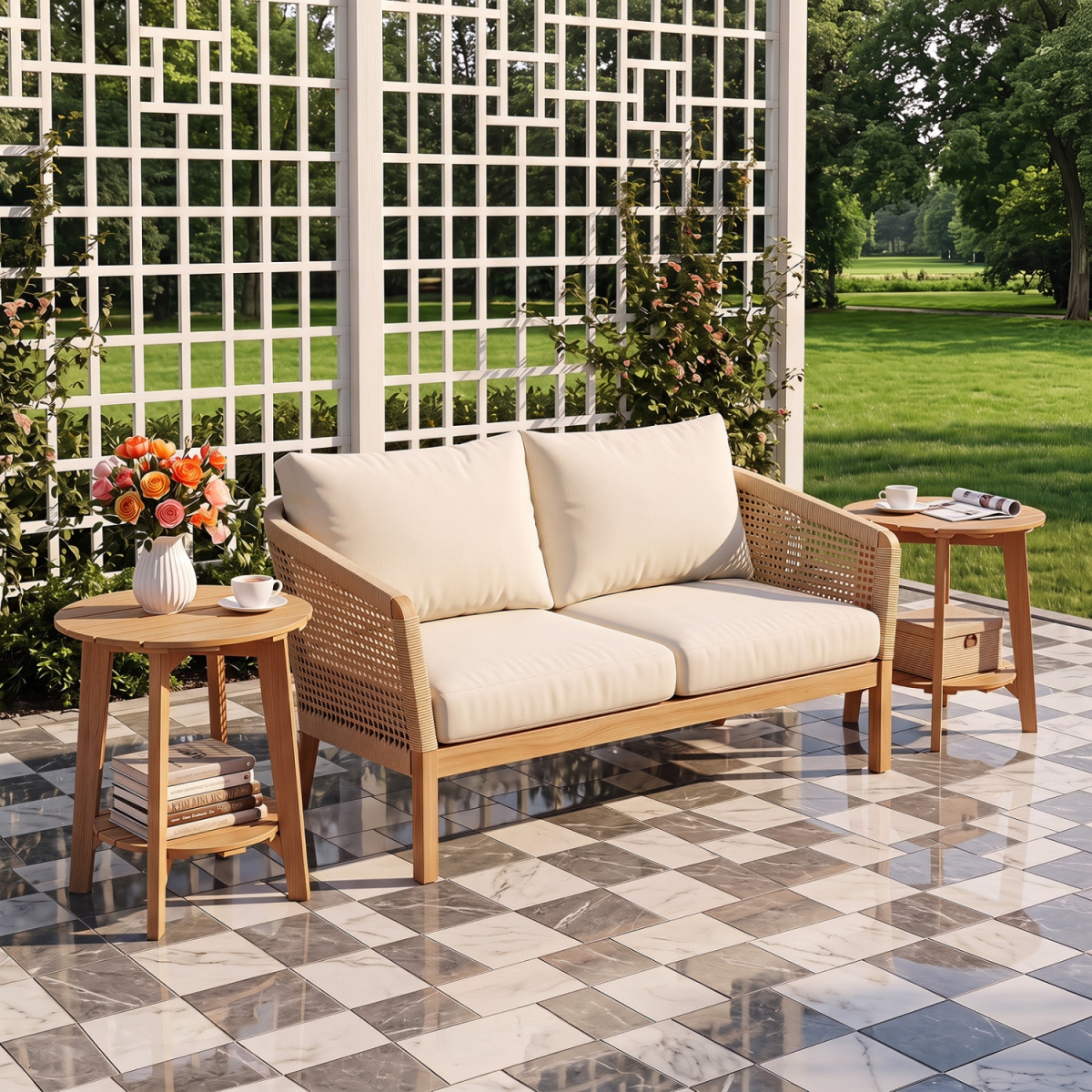 JV14661OR-2 Eucalyptus Wood Side Table 2-Tier with Slatted Tabletop & Storage Shelf for Outdoor - Natural - Set of 2