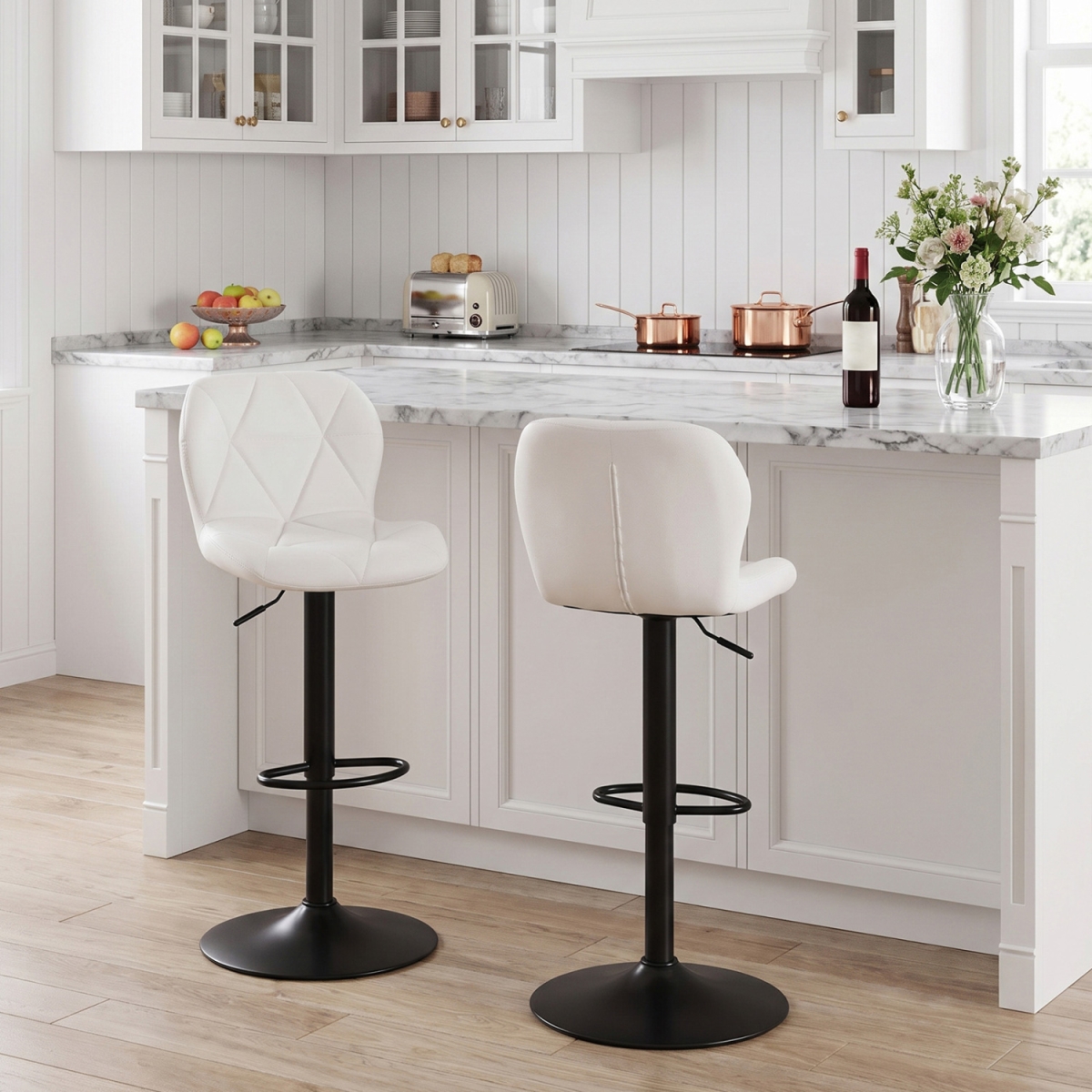 JV14961WH-2 Upholstered Swivel Bar Stools with Adjustable Height & Curved Backs - White - Set of 2
