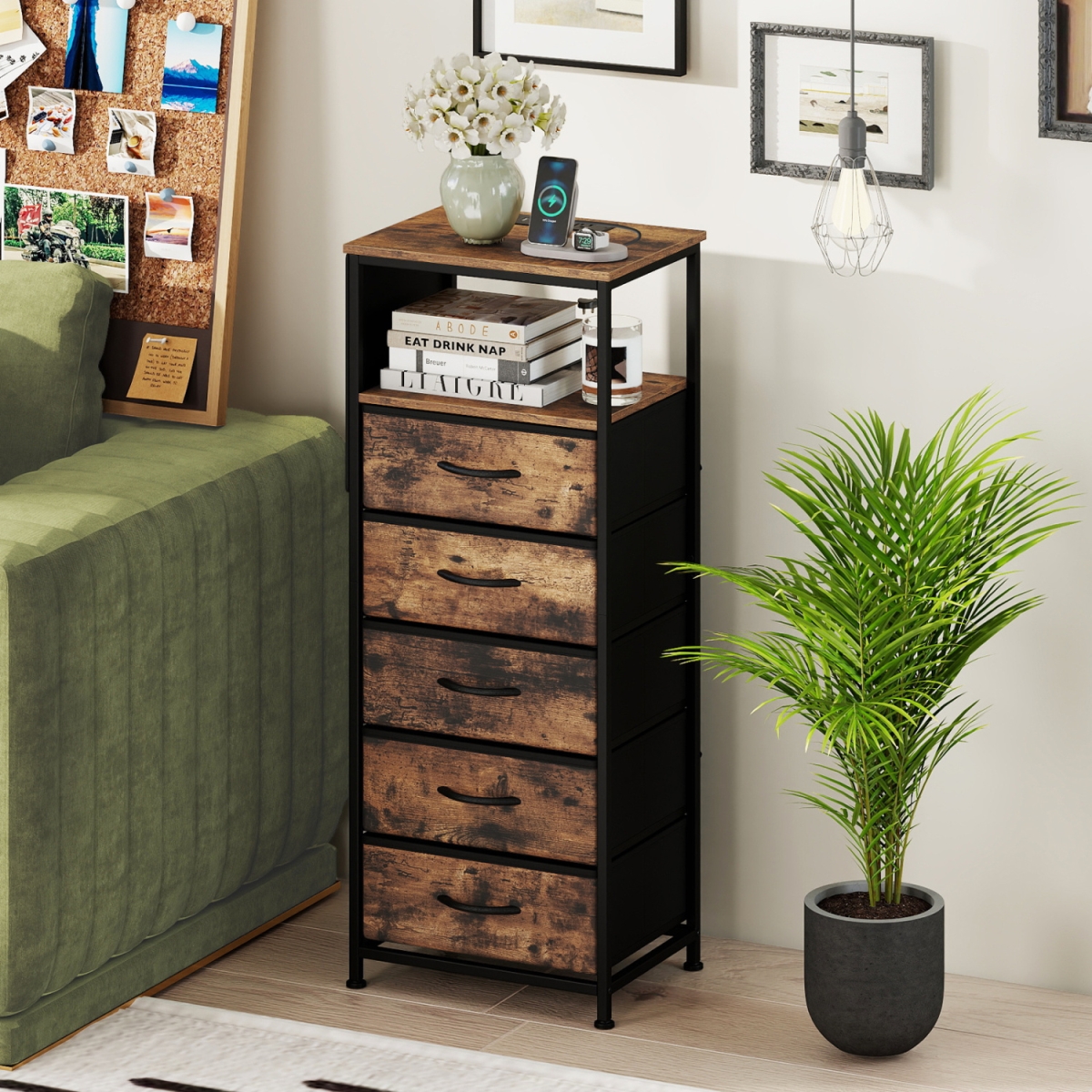 JZ10407US-CF Nightstand with Integrated Charging Station 39 in. Modern Bedside Table - Brown