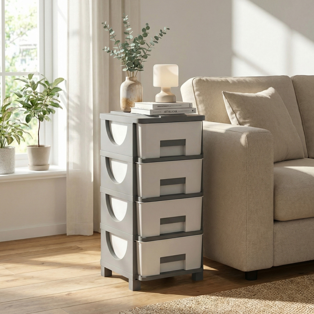 JZ10446GR Plastic Storage Organizer with Compact Drawer Cabinet Side Table for Bedroom - Gray