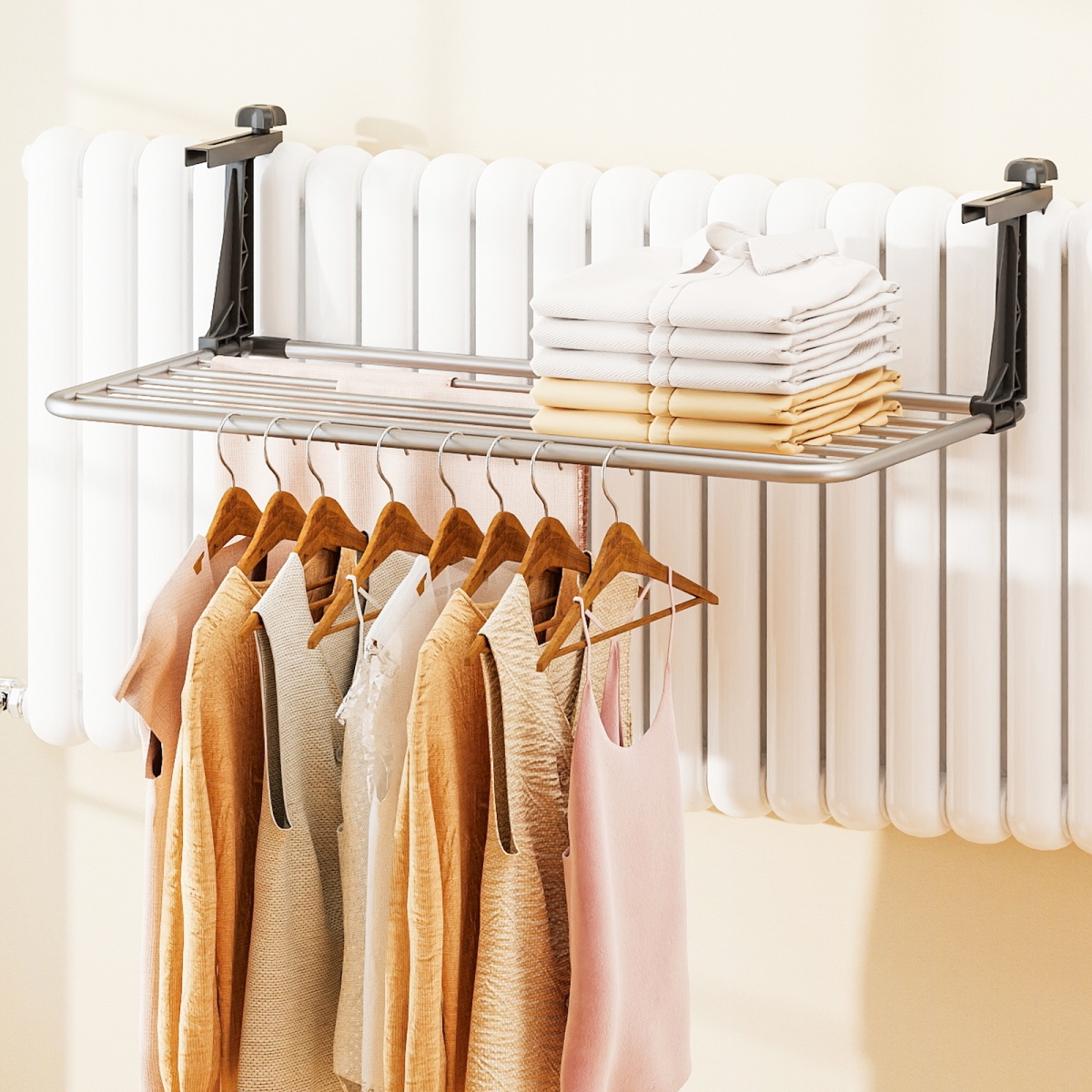 JZ10464 Portable Clothes Drying Aluminum Towel Rack with Adjustable & Foldable Brackets - Silver & Black