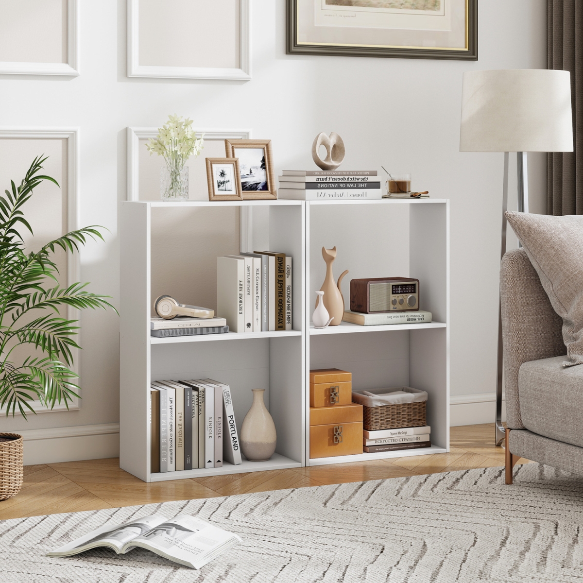 JZ10537WH-2 3-Tier Bookshelf with Open Storage Compartment & Freestanding Display Shelf - White - Set of 2