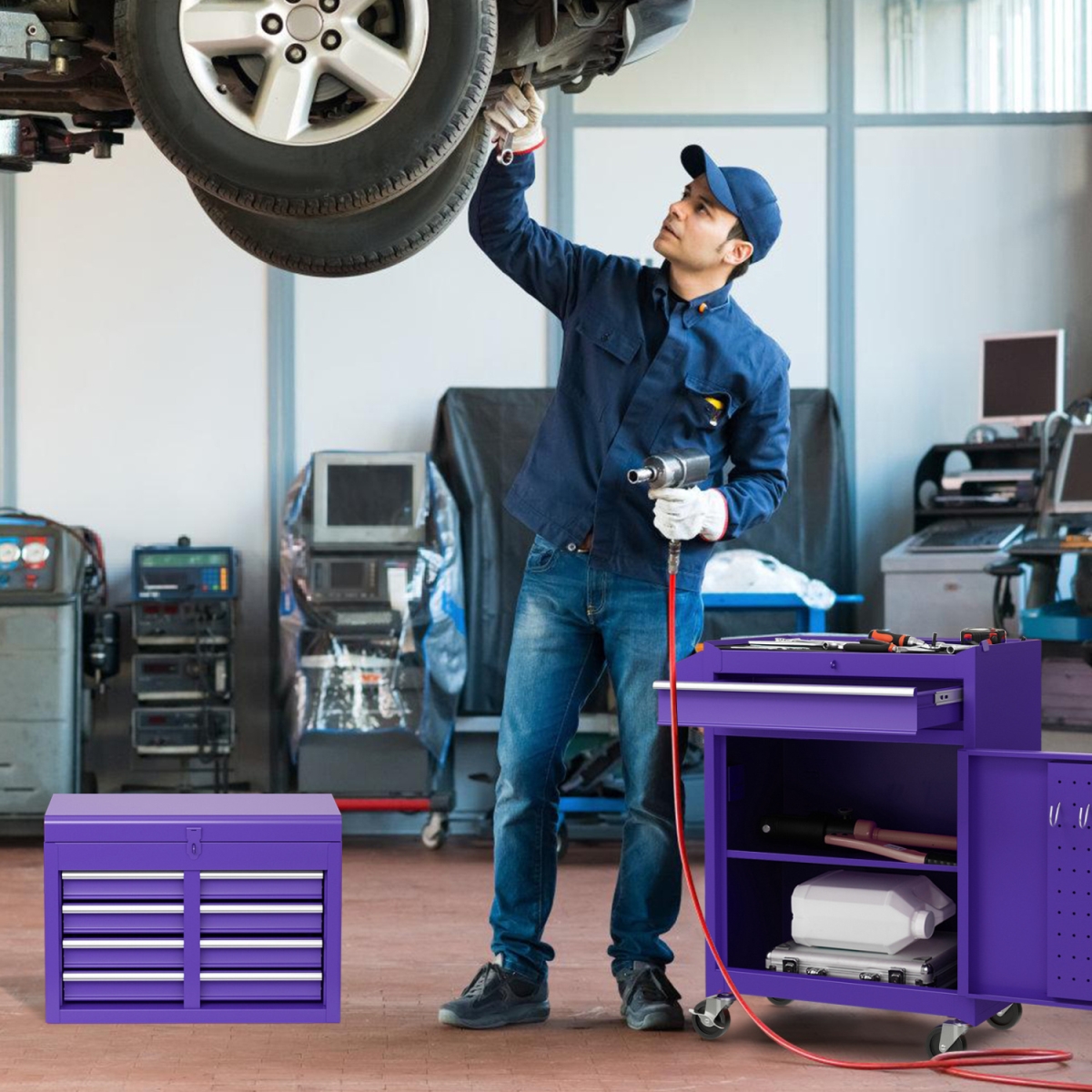 TL35688ZS 2-in-1 Rolling Tool Chest with 5 Sliding Lockable Drawers - Purple