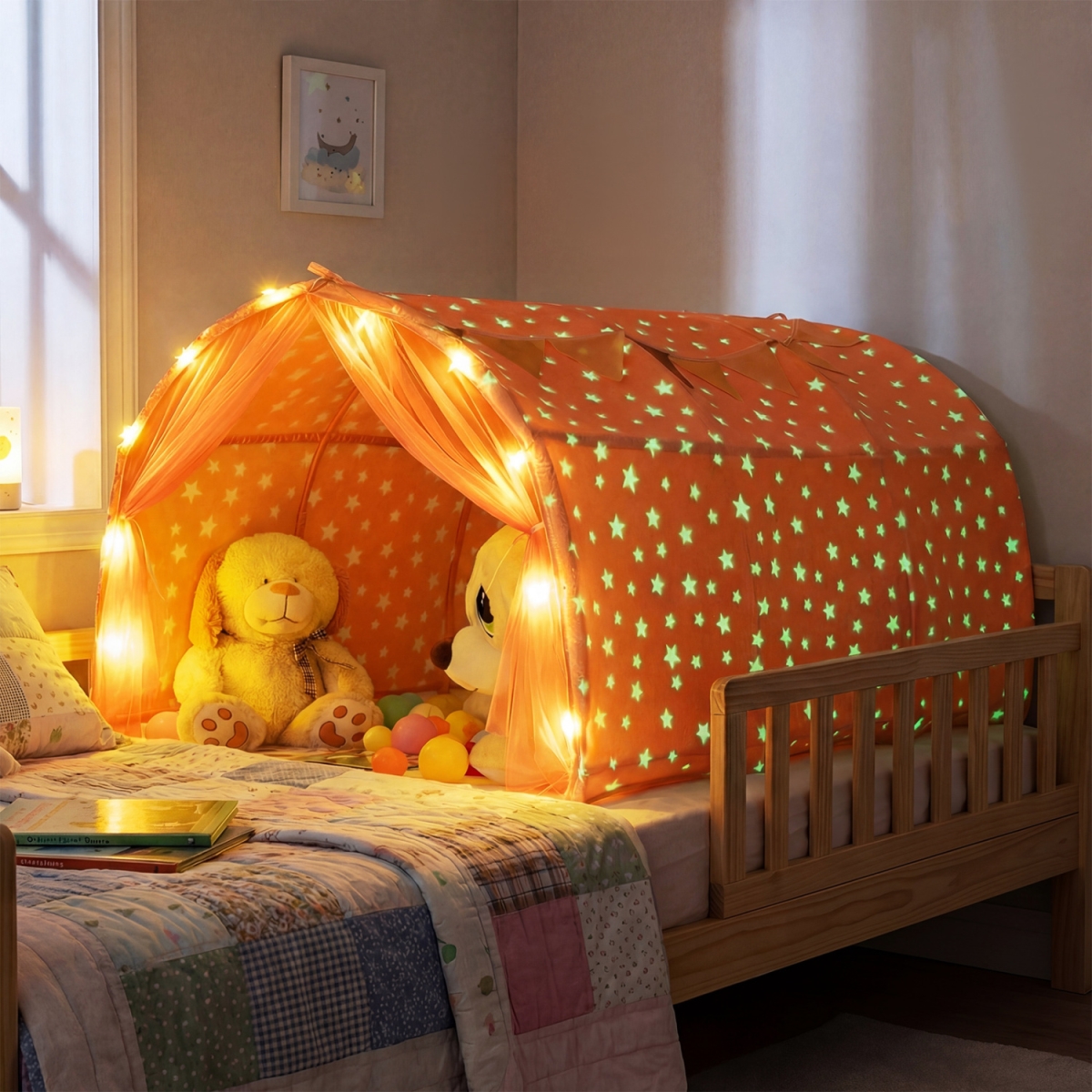 TP10315PI Kids Dream Bed Tent for Twin Size Bunk Bed with Glow in the Dark Stars & Lights - Pink
