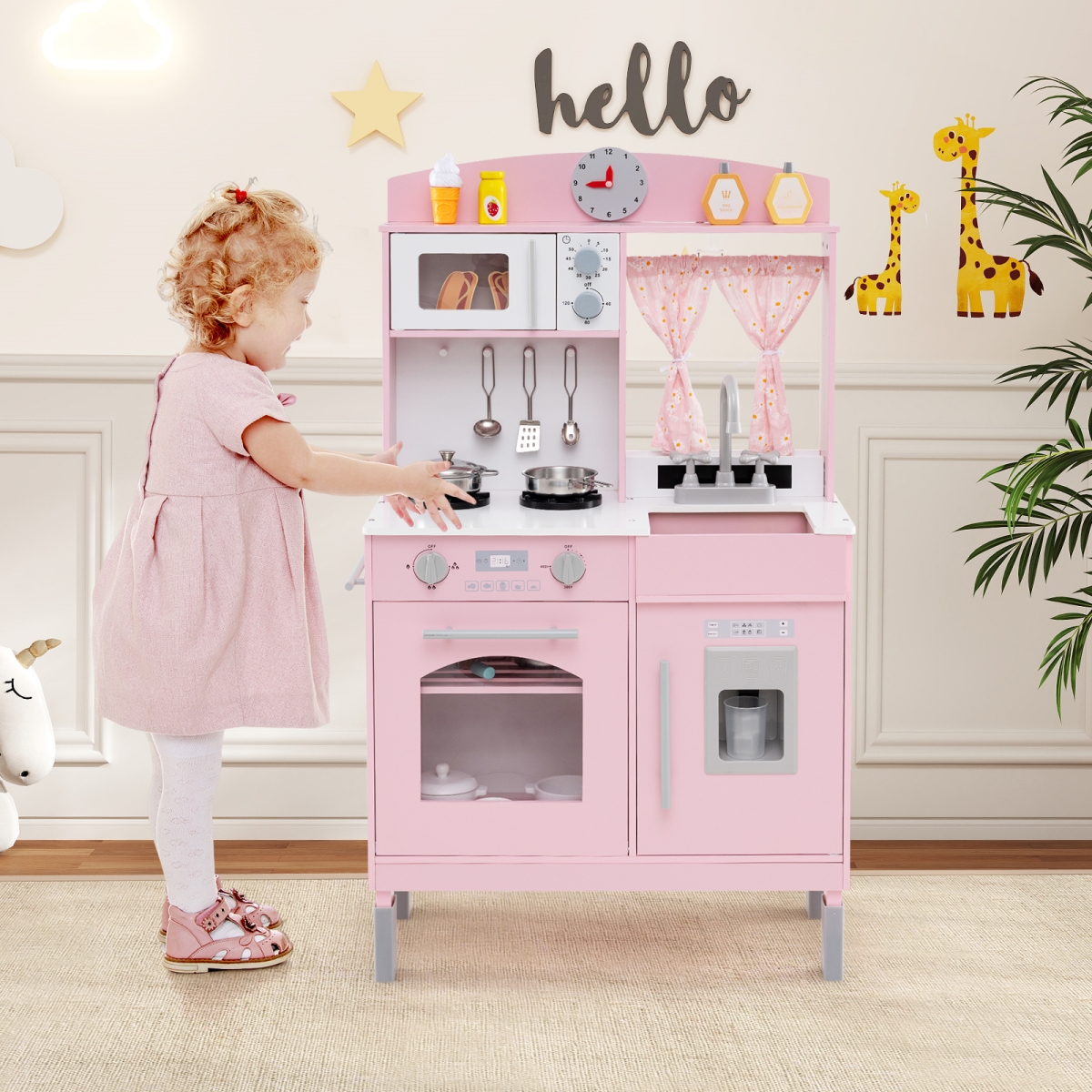 TP10321PI Play Kitchen for Kids Wooden Chef Pretend Playset with 3 Adjustable Heights Microwave - Pink