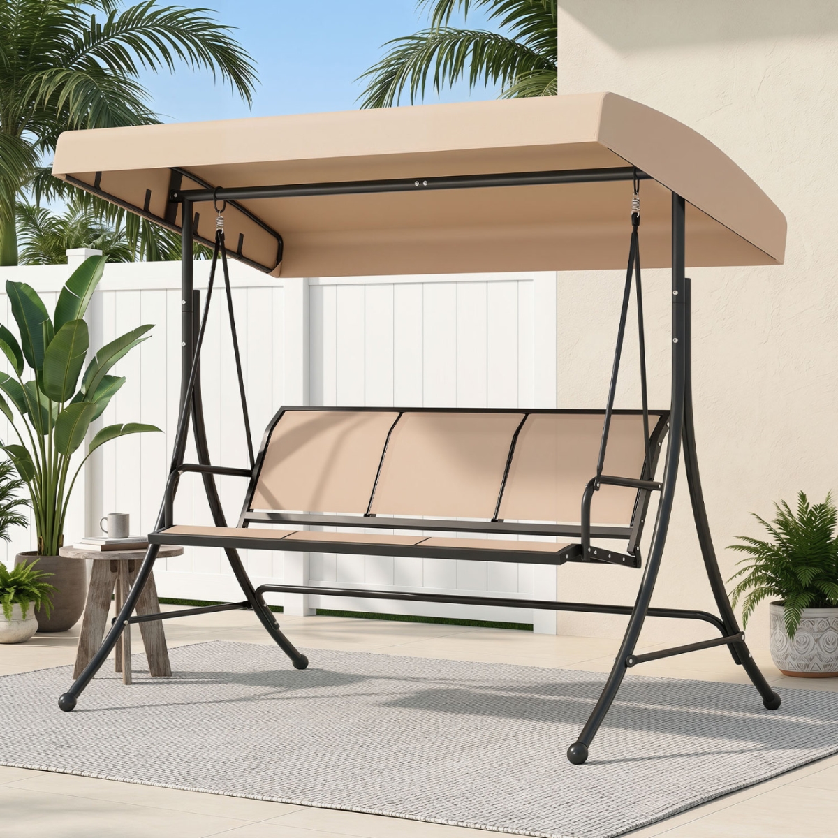 NP13719BE 3-Seat Patio Swing Chair with Adjustable Canopy - Beige