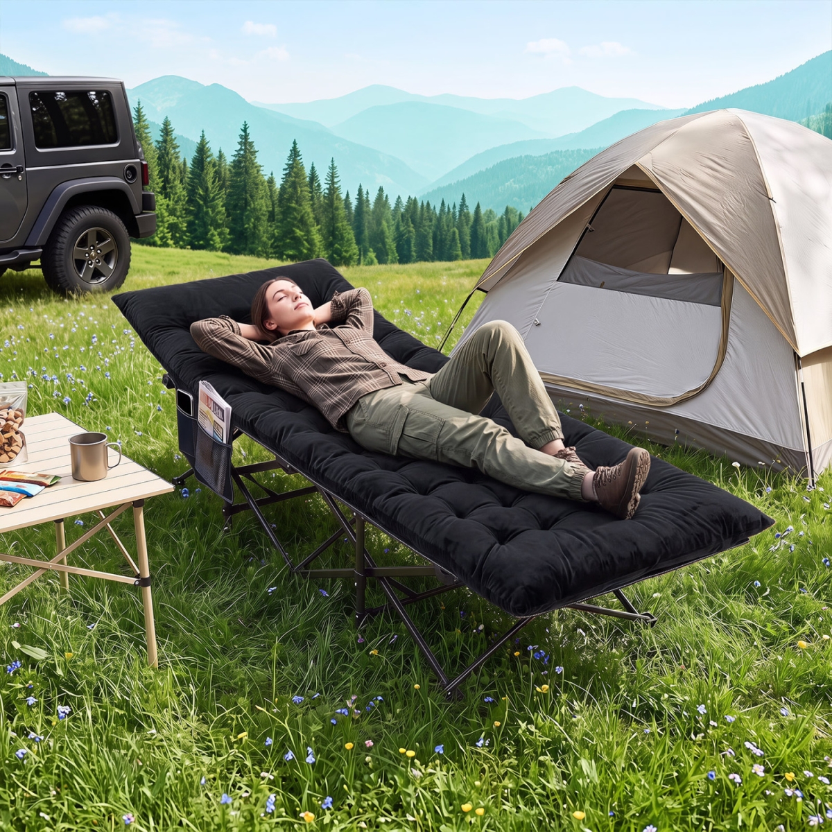 NP13746DK Camping Cot for Adults with Soft Padded Mat & Carrying Bag - Black
