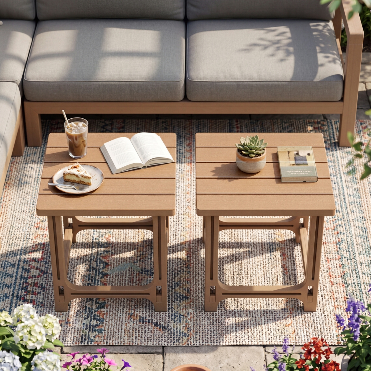 NP13790CF-2 18 in. Outdoor Adirondack Side Table with Slatted Surface - Brown - Set of 2