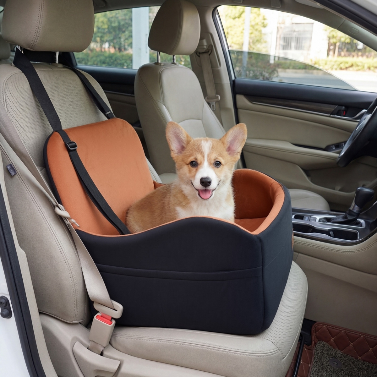 PU10124 Detachable Dog Booster Car Seat Fits Front & Back Seat - Brown & Black