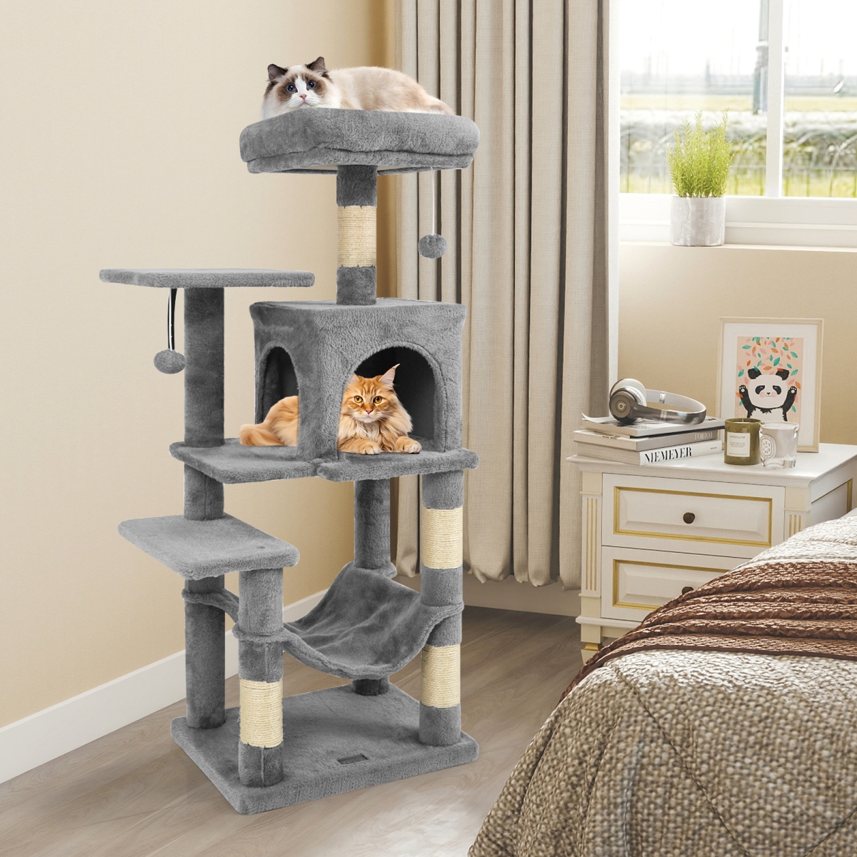 PV10470HS Multi-Level Cat Tower with 2-Door Condo & Padded Top Perch - Light Gray