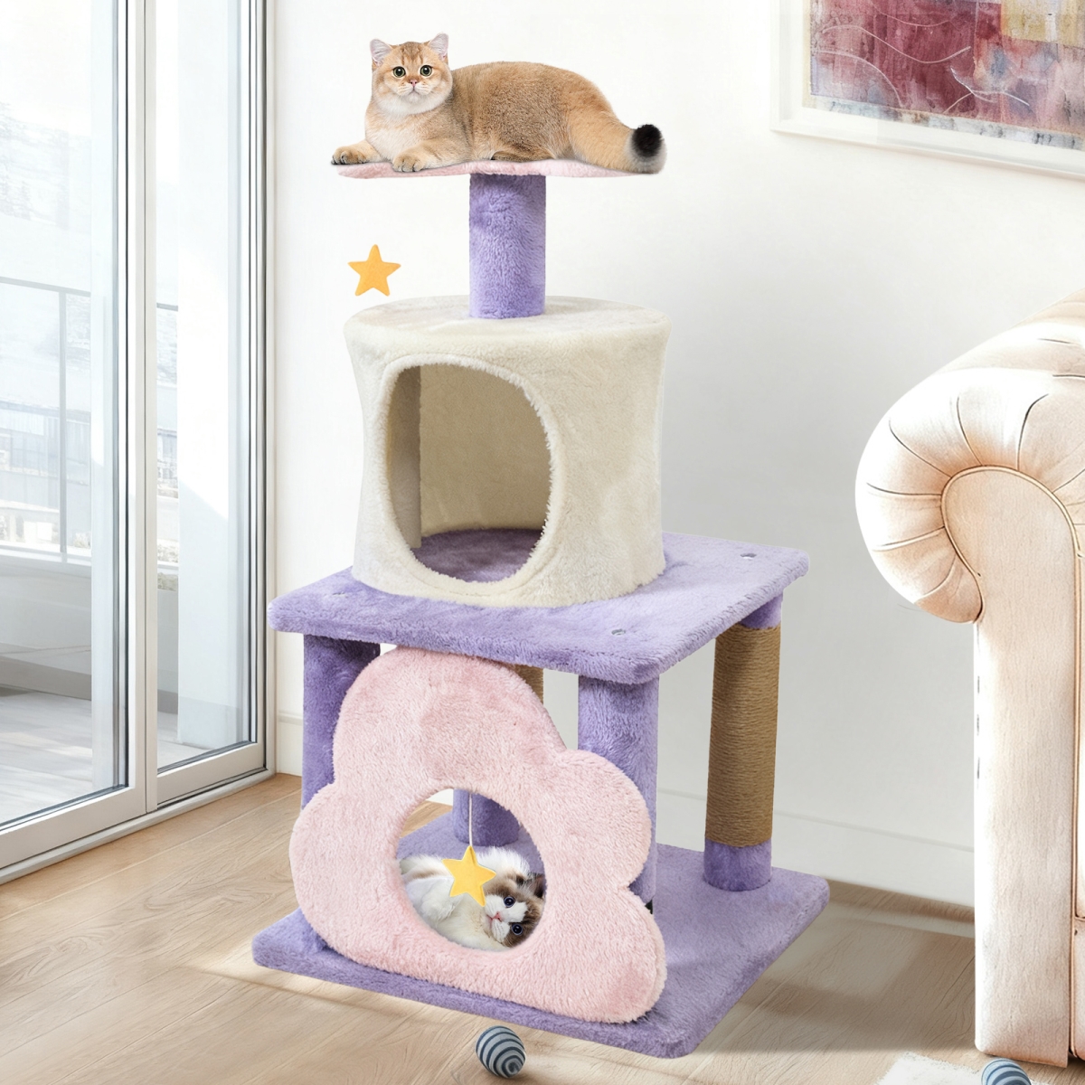 PV10478PU 31.5 in. Cute Modern Cat Tree Multi-Level Kitten Tower - Purple
