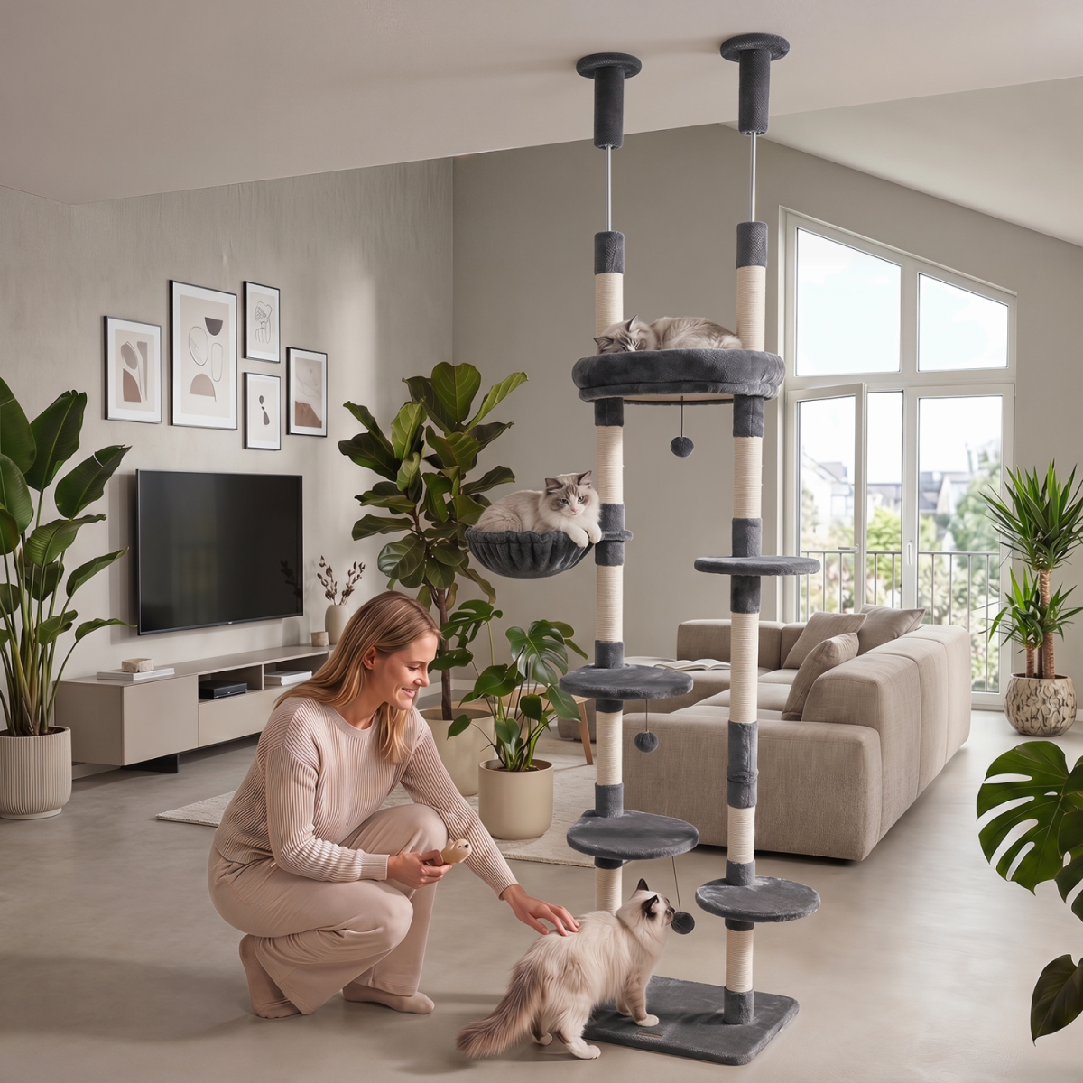 PV10571GR 6-Tier Floor to Ceiling Cat Tree with Plush Bed & Sisal Scratching Posts - Gray