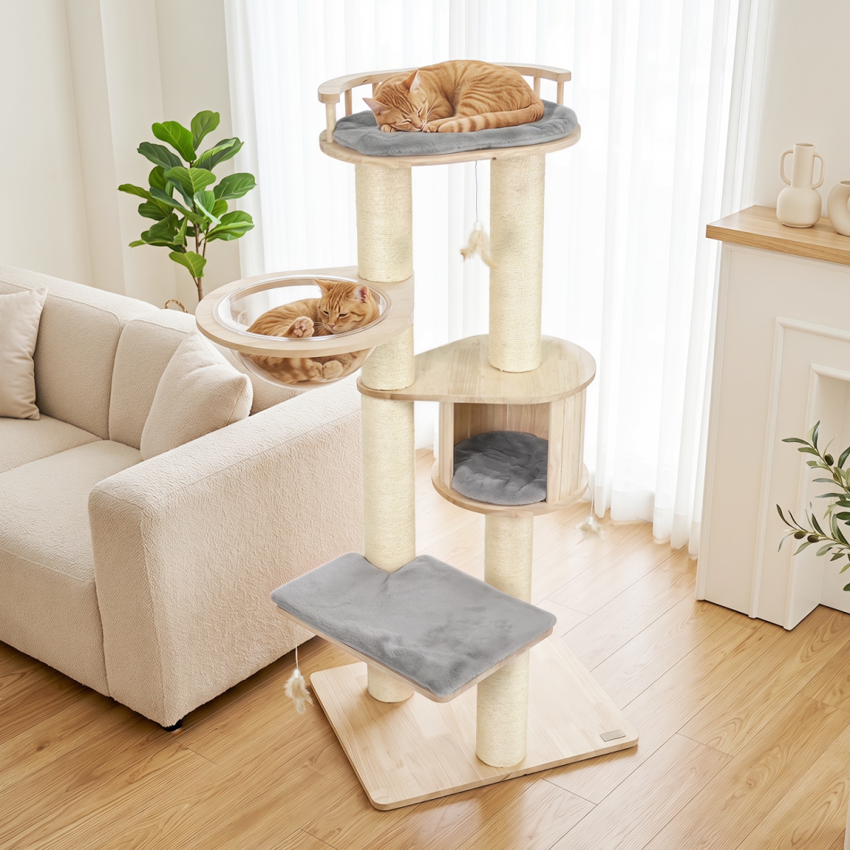 PV10603GR Cat Tree for Indoor Kittens with Top Perch Condo Space & 3 Hanging Feather Toys - Gray