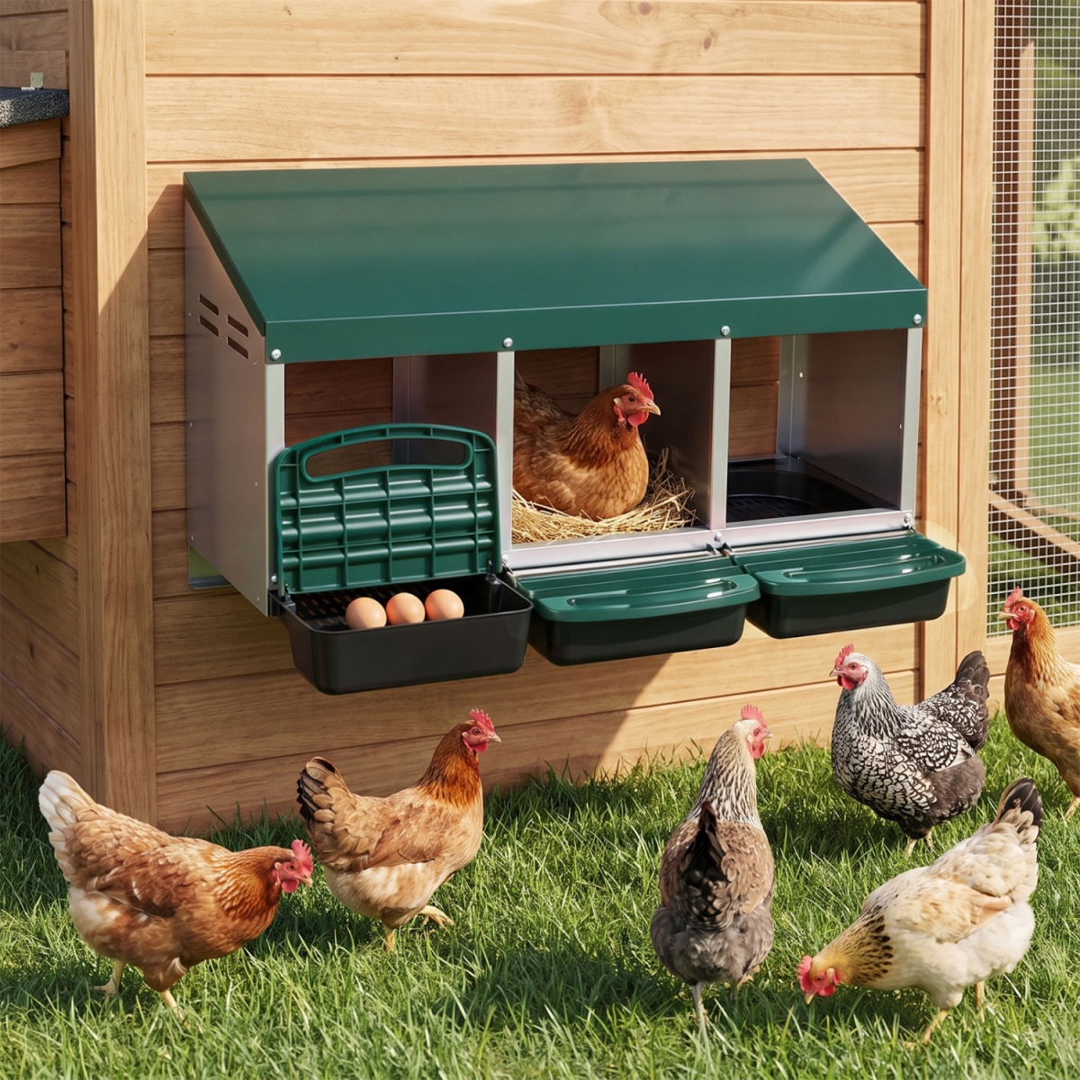 PW10203GN 3-Compartment Roll Away Metal Chicken Nesting Box for Hens - Green