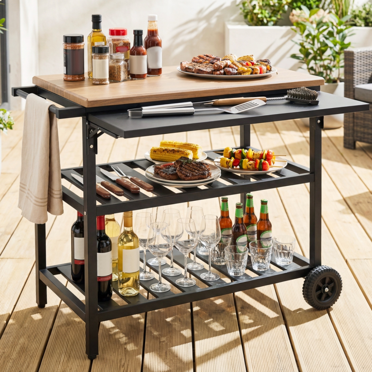 NP12804 Outdoor Dining Cart with BBQ Grill & Folding Side Panel