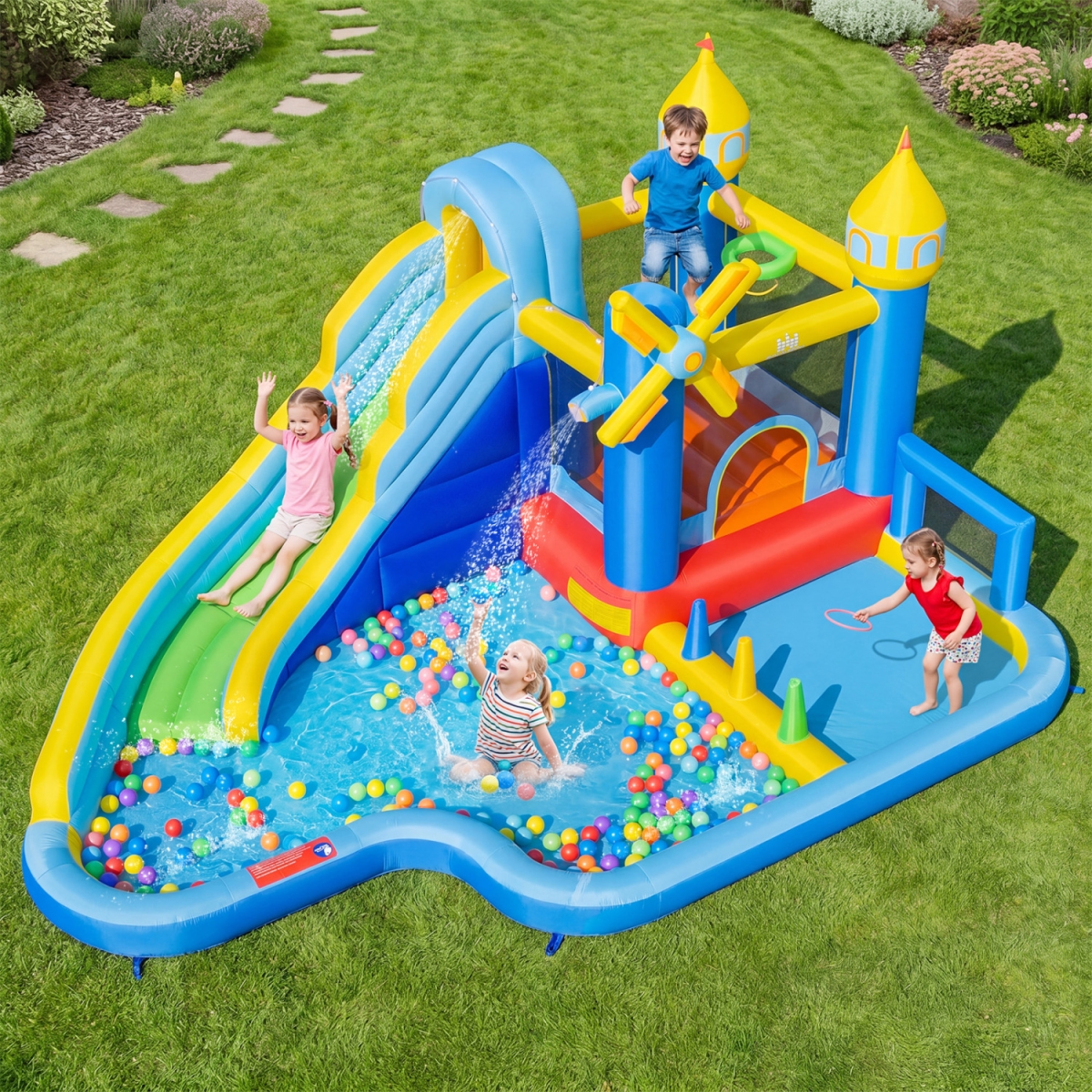 NP12829US Windmill-Themed Inflatable Water Slide Park with Jumping Area & Blower - Multi Color