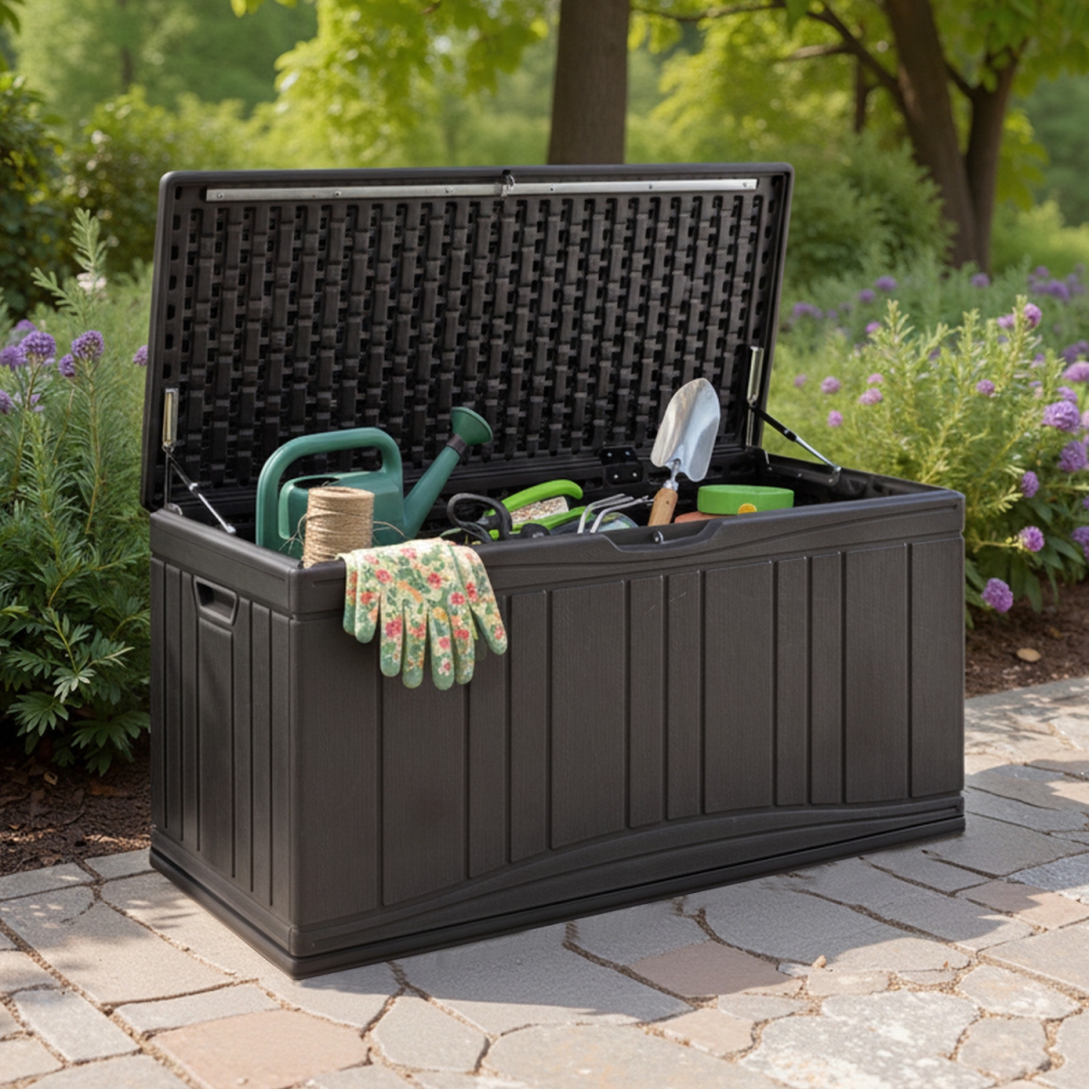 NP12851ZS 80 gal Outdoor Deck Box with Lockable Lid for Garden Tools Cushions - Brown