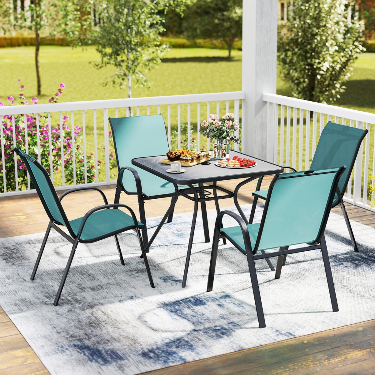 NP12997TU-2 Stackable Patio Dining Chairs Set with Armrest - Turquoise - Set of 2