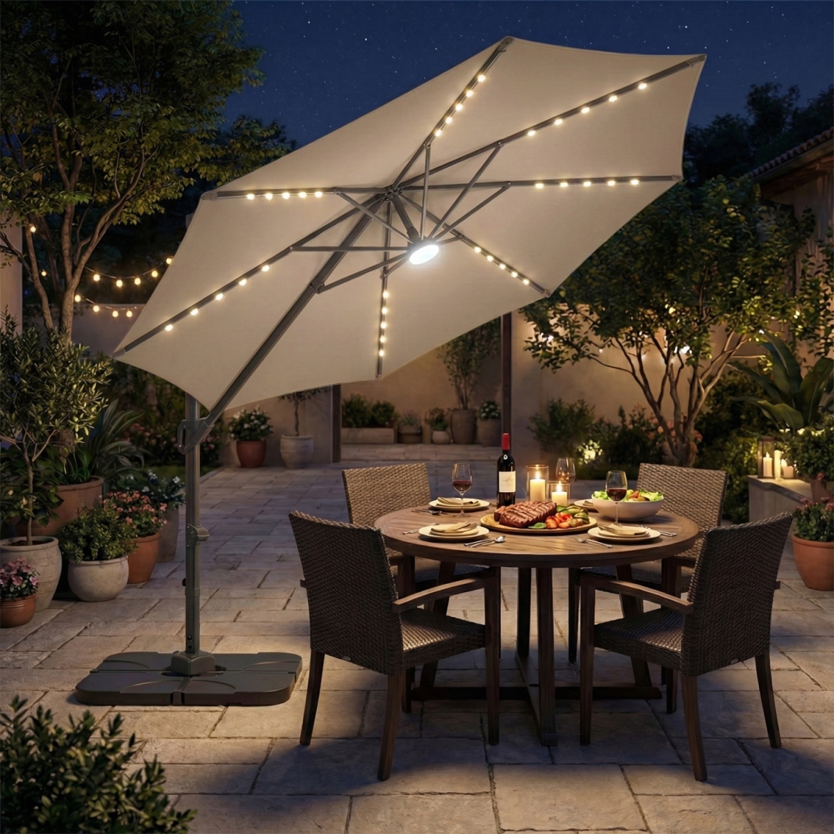 NP13283CF-NP12183 10 ft. Cantilever Patio Umbrella with 35 Solar LED Lights & 220 lbs Base - Brown