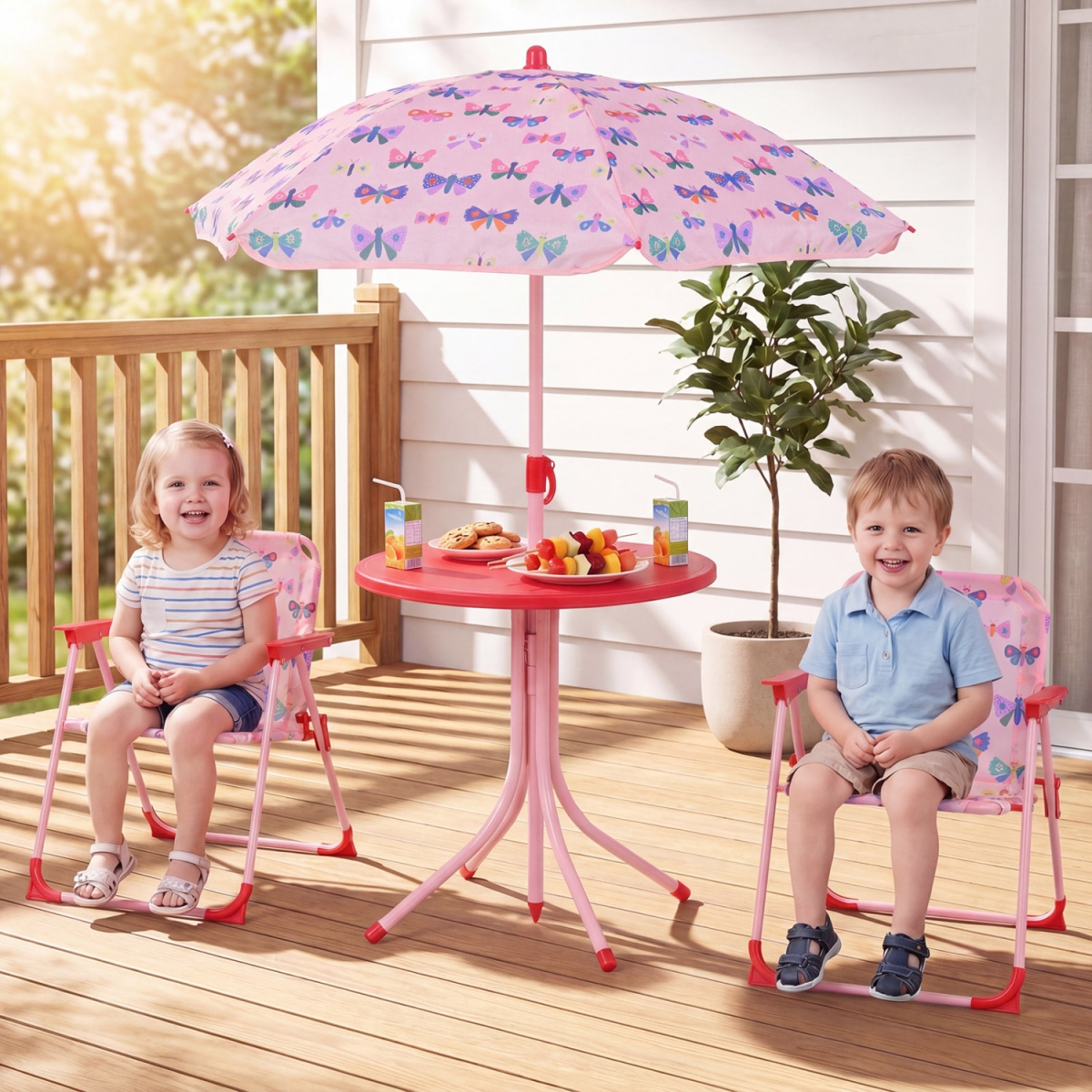 NP13404PI Kids Outdoor Table & Chair Set with 2 Folding Chairs & Height Adjustable Umbrella - Pink & White