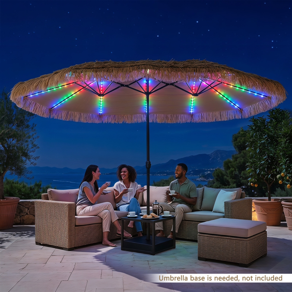 NP13443BN-C 15 x 9 ft. Solar Double-Sided Patio Umbrella with 144 Multi-Colored Flowing Lights 12 Modes & 12 Ribs - Brown
