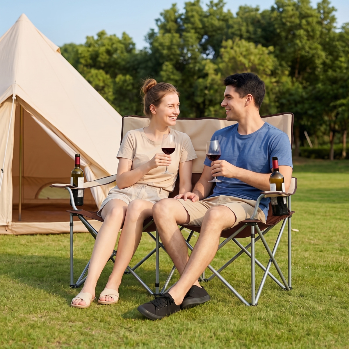 NP13597CF Double Camping Chair with Carry Bag Cup Holders - Brown