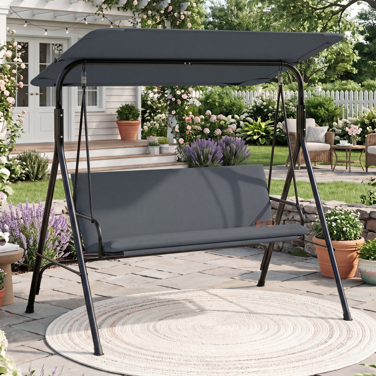 NP13716GR 3-Seat Patio Swing Chair with Adjustable Canopy & Removable Cushion - Gray