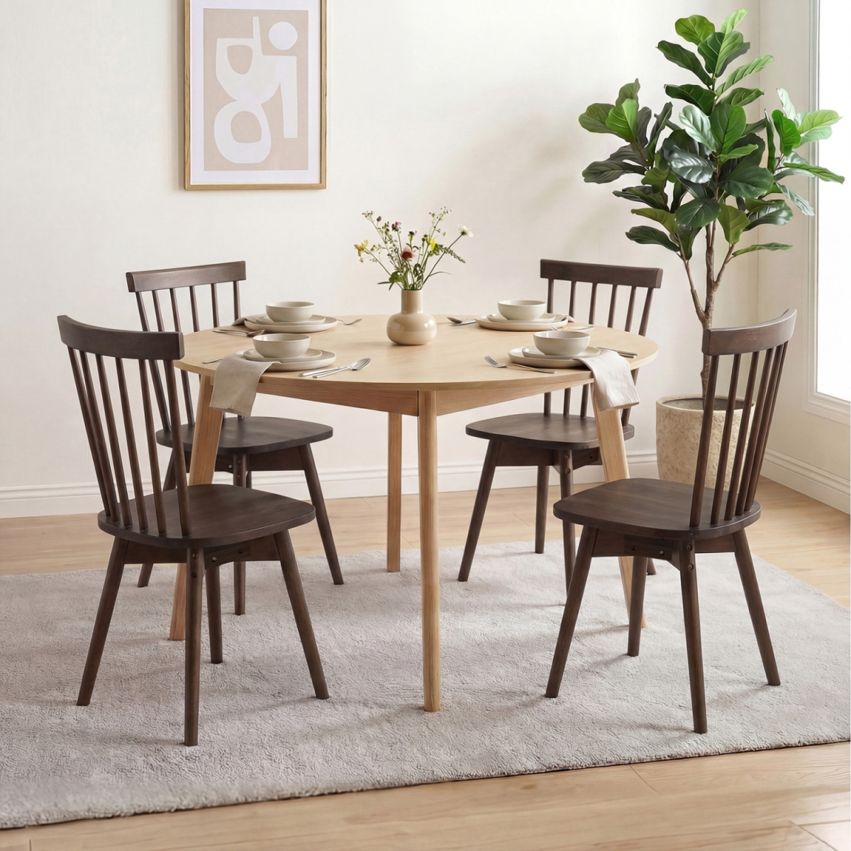 2-JV14207WN-2 Windsor Dining Chairs Mid Century Rubber Wood Kitchen Chairs with Swivel Seat - Walnut - Set of 4