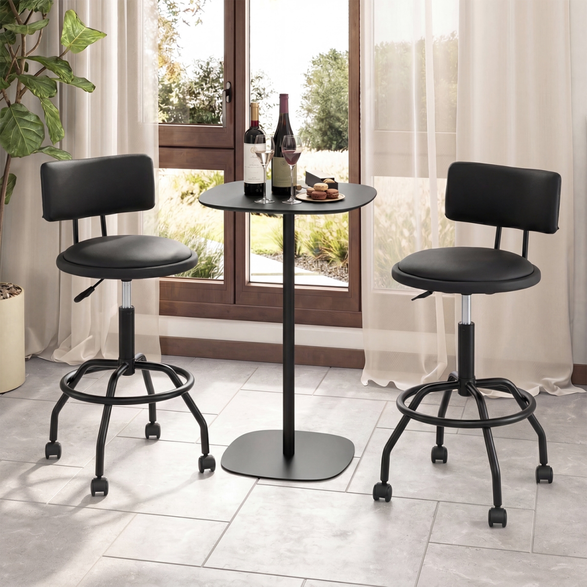 2-JV14650DK-1 Modern Swivel Height Adjustable Bar Stool with Backrest - Black - Set of 2
