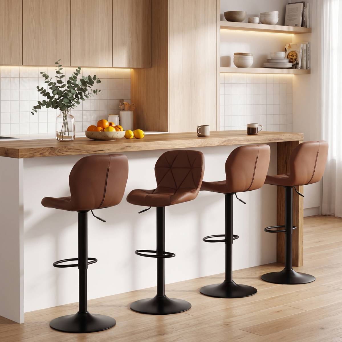 2-JV14961BN-2 Upholstered Swivel Bar Stools with Adjustable Height & Curved Backs - Brown - Set of 4