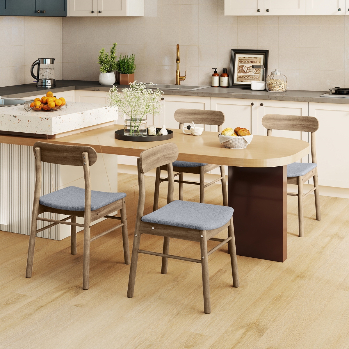 2-KC59222OK Fabric Upholstered Kitchen Armless Dining Chairs with Rubber Wood Frame - Oak - Set of 4