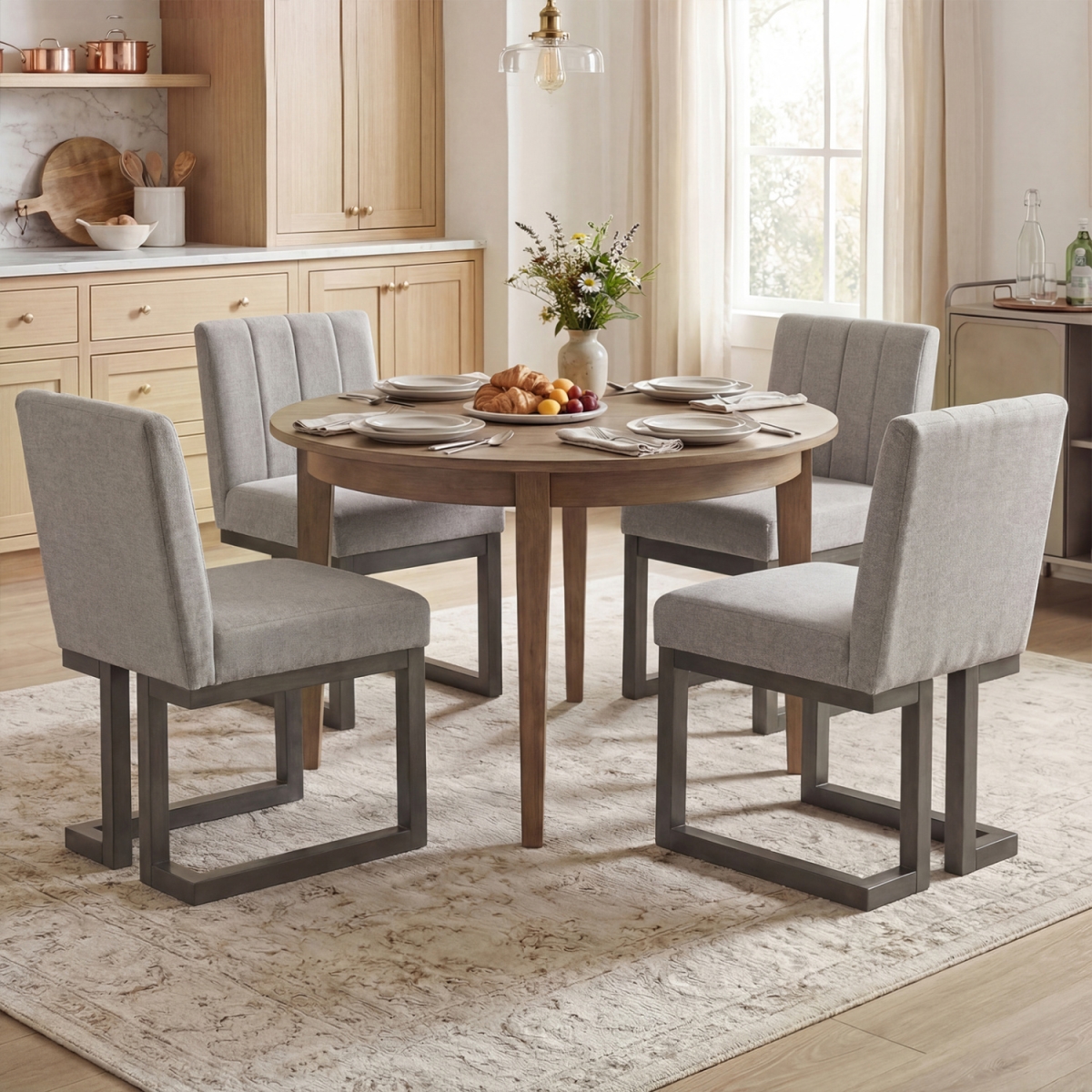 2-KC59314GR-2 Modern Farmhouse Fabric Dining Chairs with 5.5 in. Thickened Padded Seat - Gray - Set of 4
