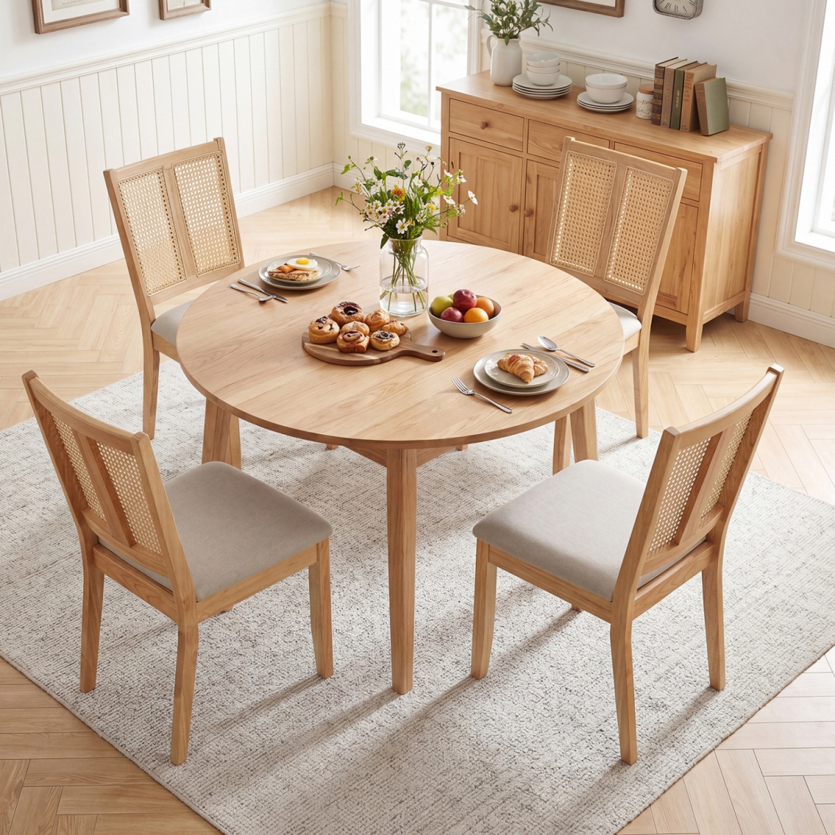 2-KC59449NA-2 Rattan Dining Chairs with Curved Backrest & Padded Seat for Dining Room - Natural - Set of 4