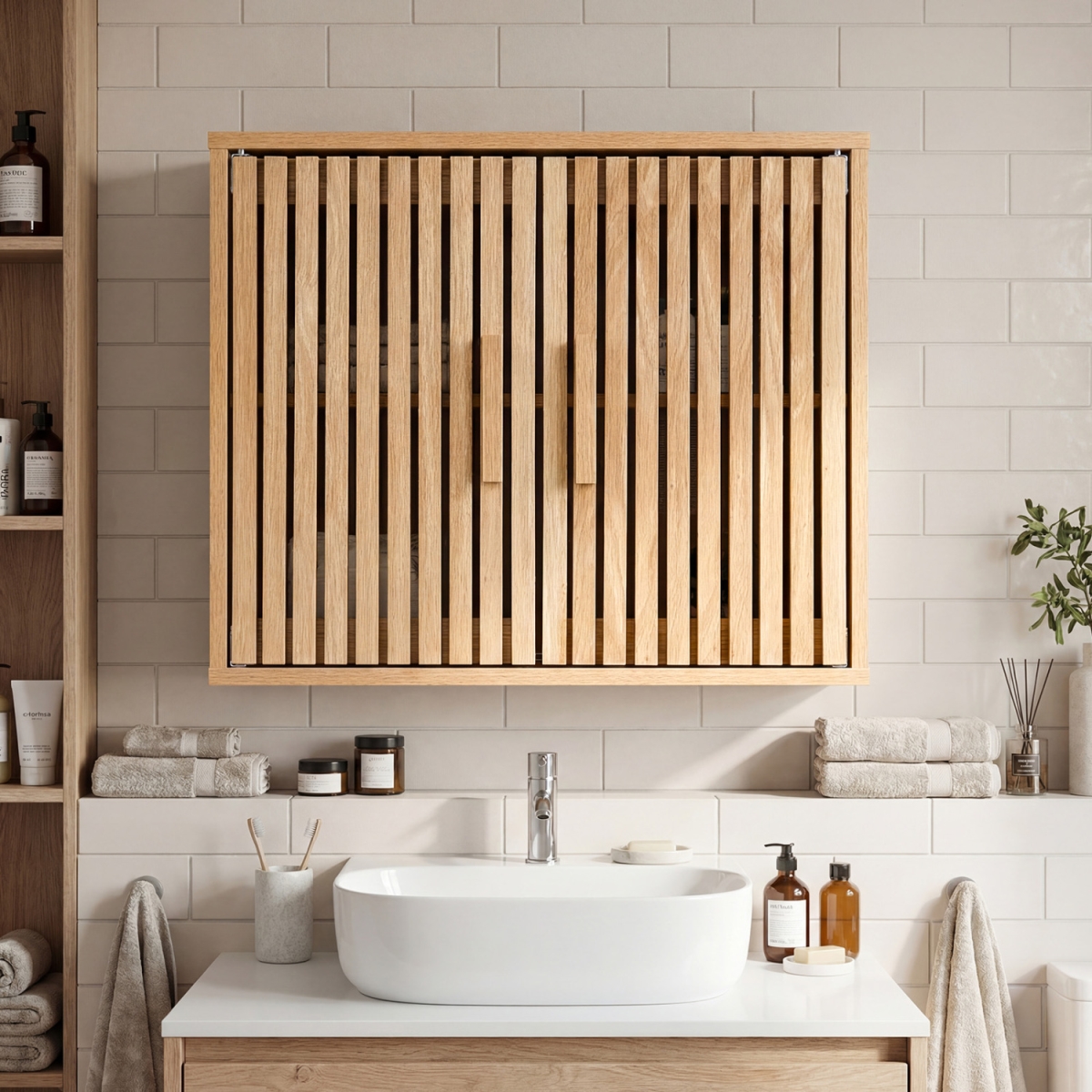 BA8476NA Bathroom Wall Cabinet with 2 Slatted Doors & 3-Level Adjustable Shelves - Natural