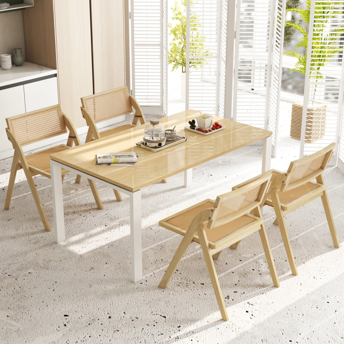2-JV14407NA Foldable Dining Chairs with Woven Rattan Backrest - Natural - Set of 4