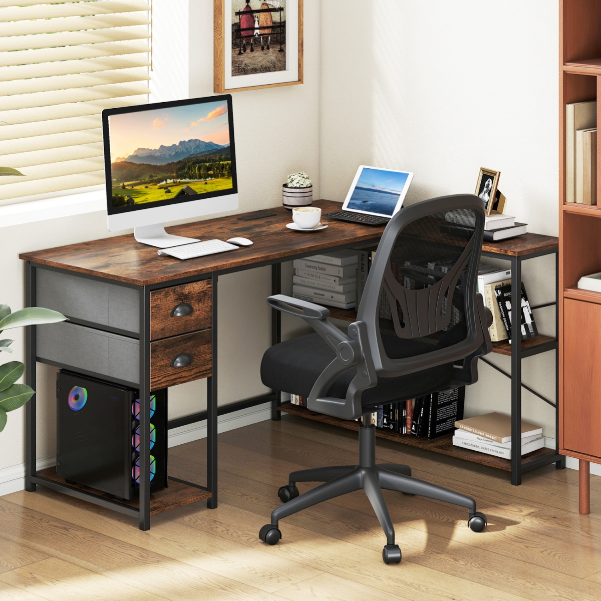 CB11178US-CF L Shaped Desk with Charging Station Corner Computer Desk with 2 Fabric Drawers - Rustic Brown