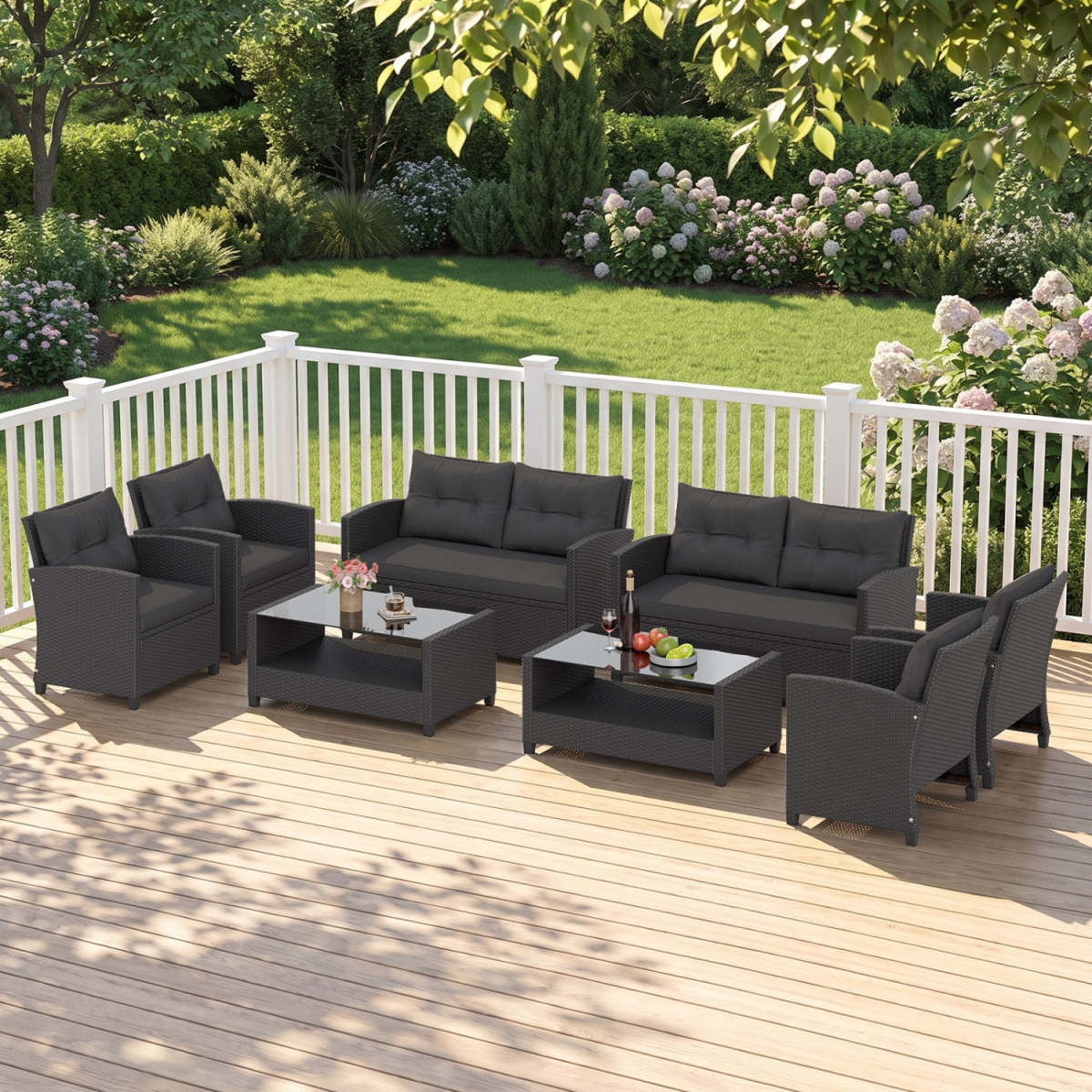 2-HW76034DK- Patio Rattan Conversation Furniture Set with Glass Top Coffee Table - Black - 8 Piece - Set of 2
