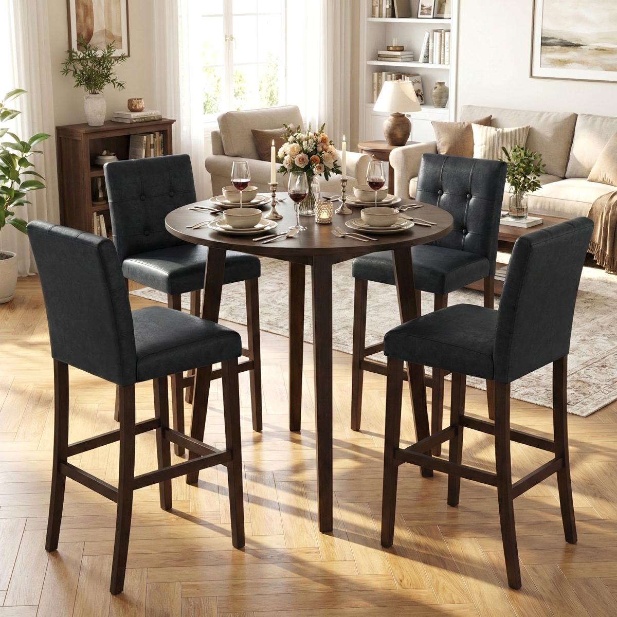 2-JV11562BK-29 PVC Dining Leather Bar Stools with Solid Wood Legs - Black - 29 in. - Set of 4