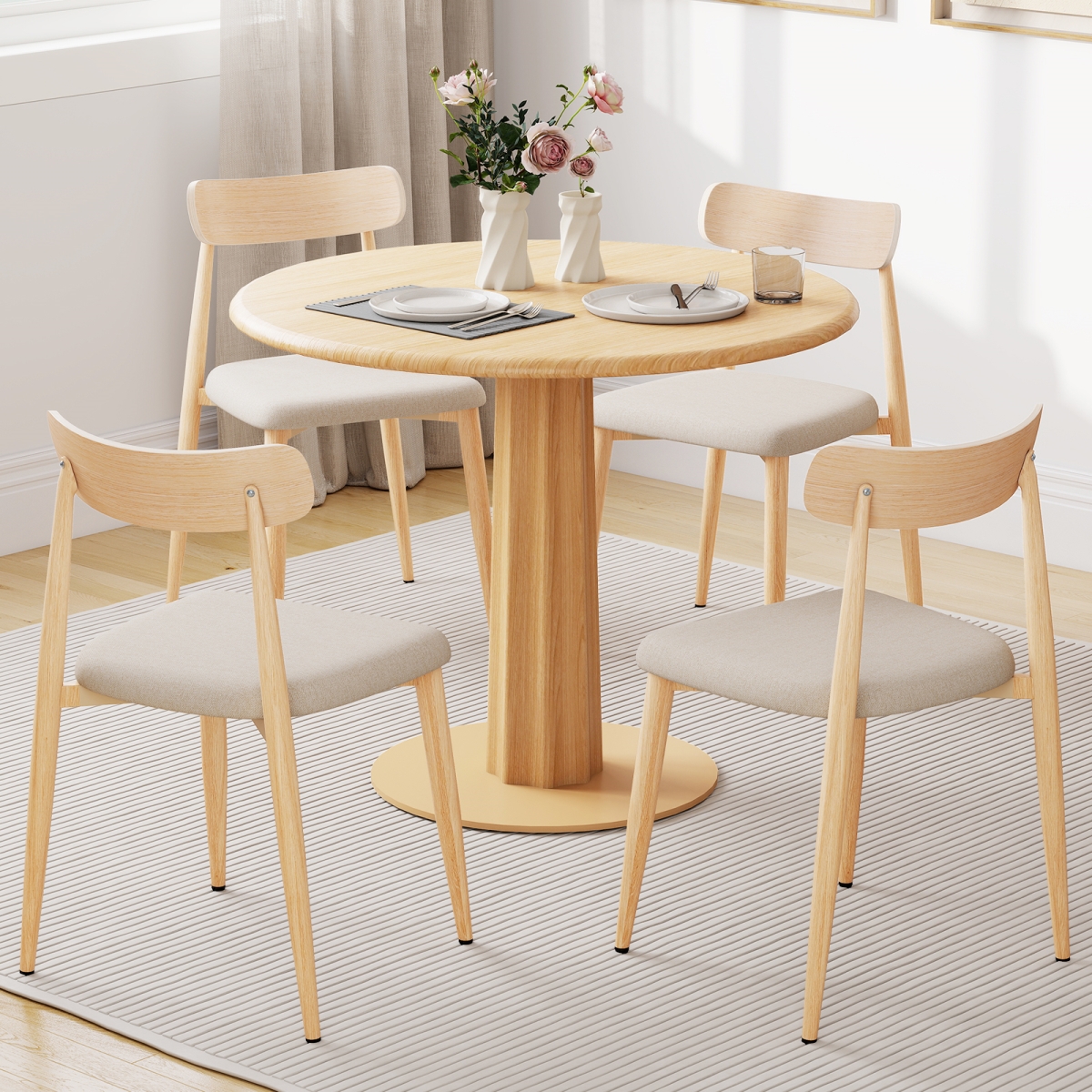 2-JV12940OA-2 Linen Fabric Upholstered Modern Dining Chair with Padded Seat & Curved Back - Oak - Set of 4