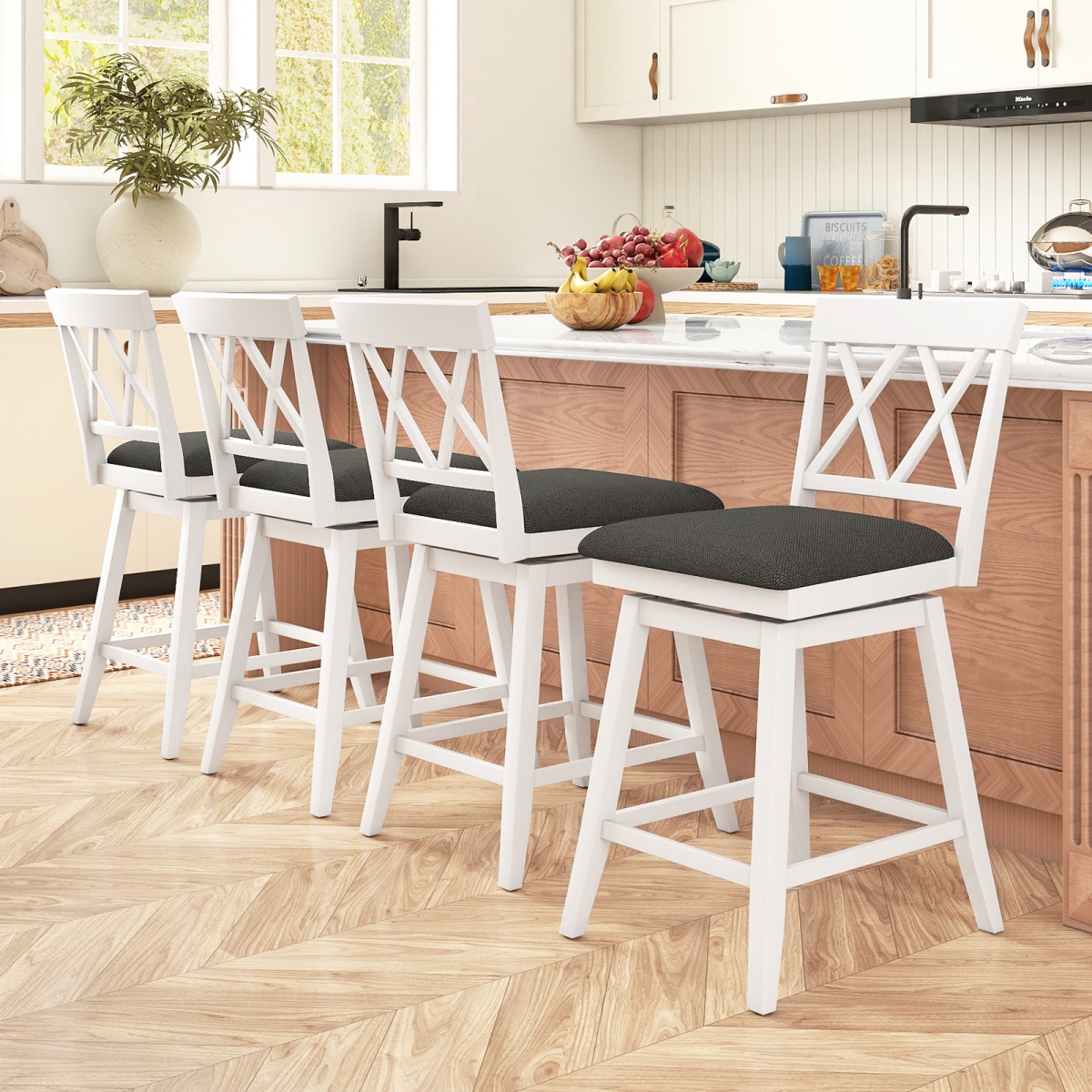 2-JV13469WH-24 Swivel Bar Stools Counter Height Barstools with Backrest Upholstered Seat Cushion - 24 in. - Set of 4