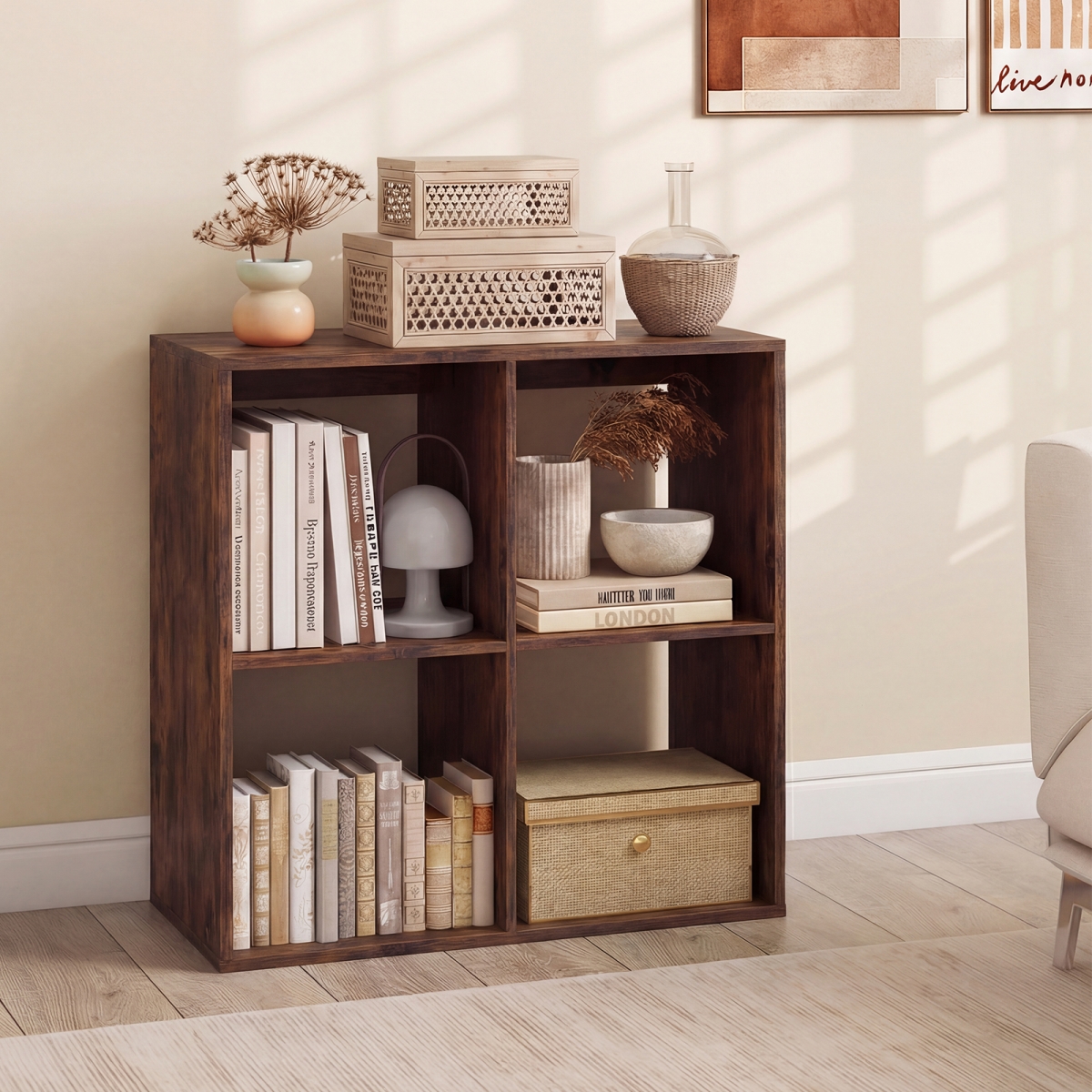 CB10750CF 4 Cube Bookshelf with Back Guardrail for Living Room Bedroom - Coffee