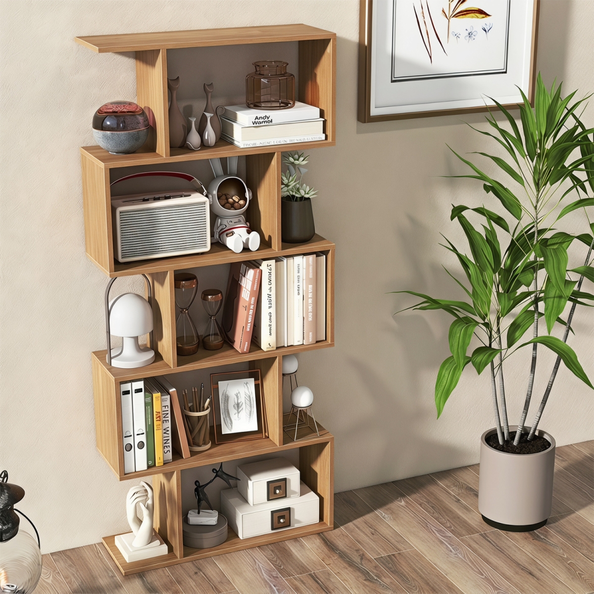 CB10830NA 5-Tier S-Shaped Bookshelf with Anti-Tip Kit for Living Room Home Office - Natural