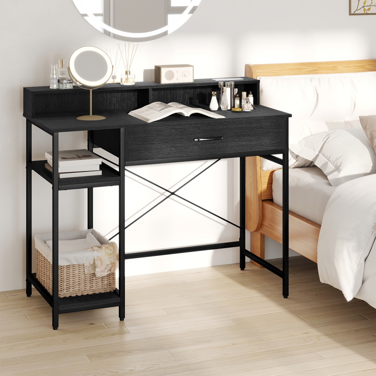 CB11023US-DK Computer Desk with Power Outlets 42 in. Writing Desk with Hutch Drawer & 2 Open Shelves - Black