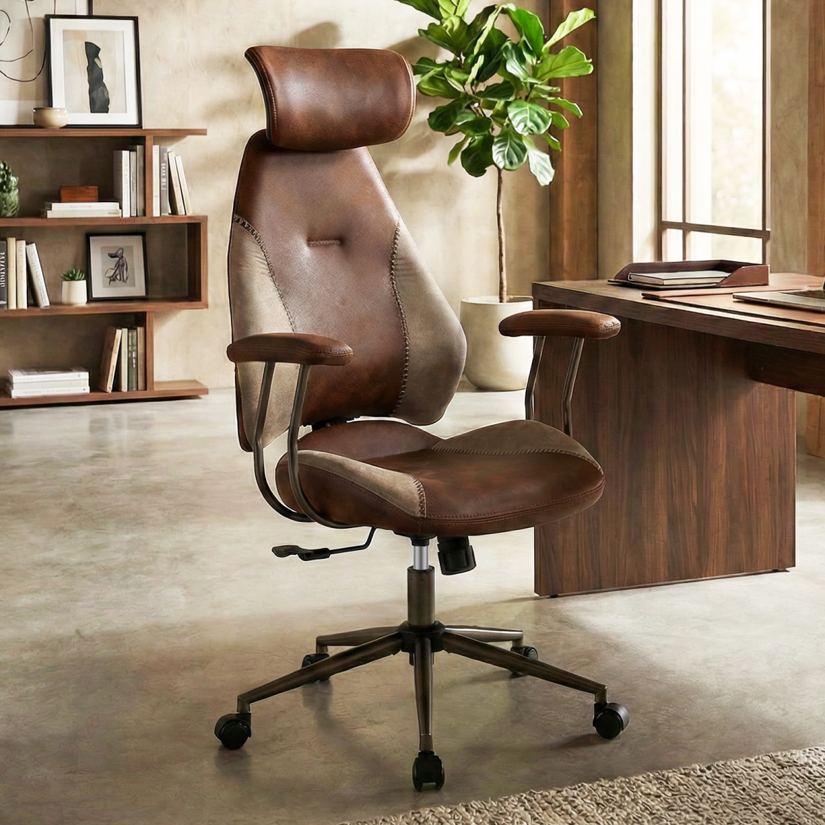 CB11028BN Ergonomic Office Chair Computer Desk Chair with 2D Headrest & Rocking Backrest - Brown