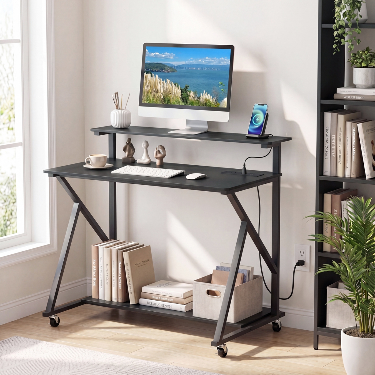 CB11044US-DK Rolling Computer Desk with Charging Station & Monitor Shelf Storage for Home Office - Black