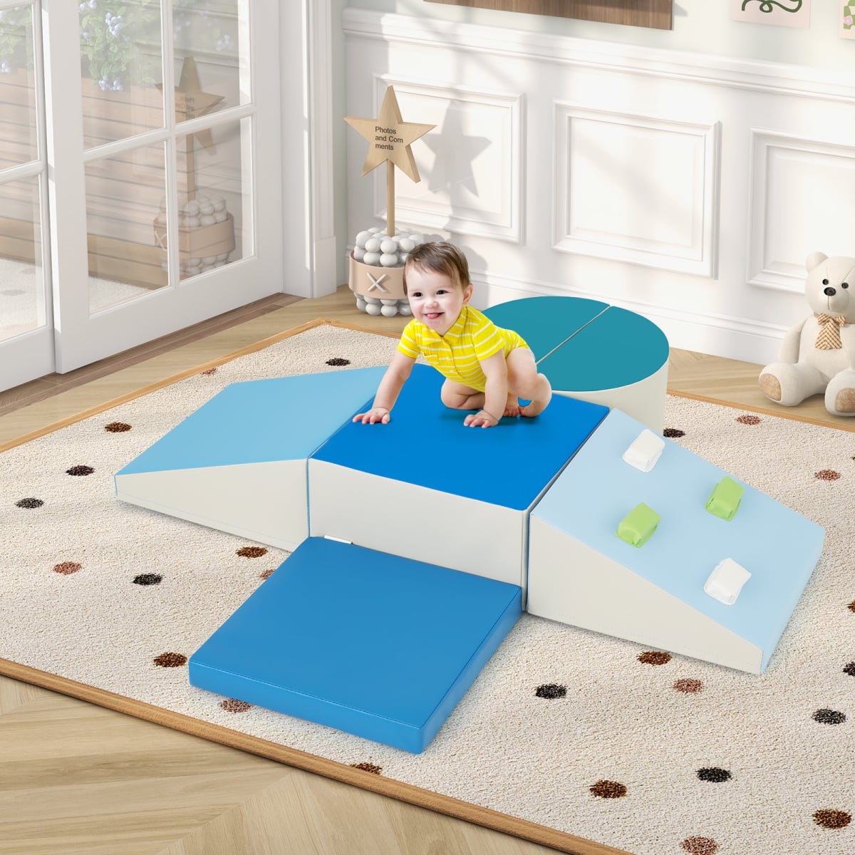 FH10149BL Soft Play Set for Toddlers with Climbing Triangle & Ramp - Blue - 6 Piece
